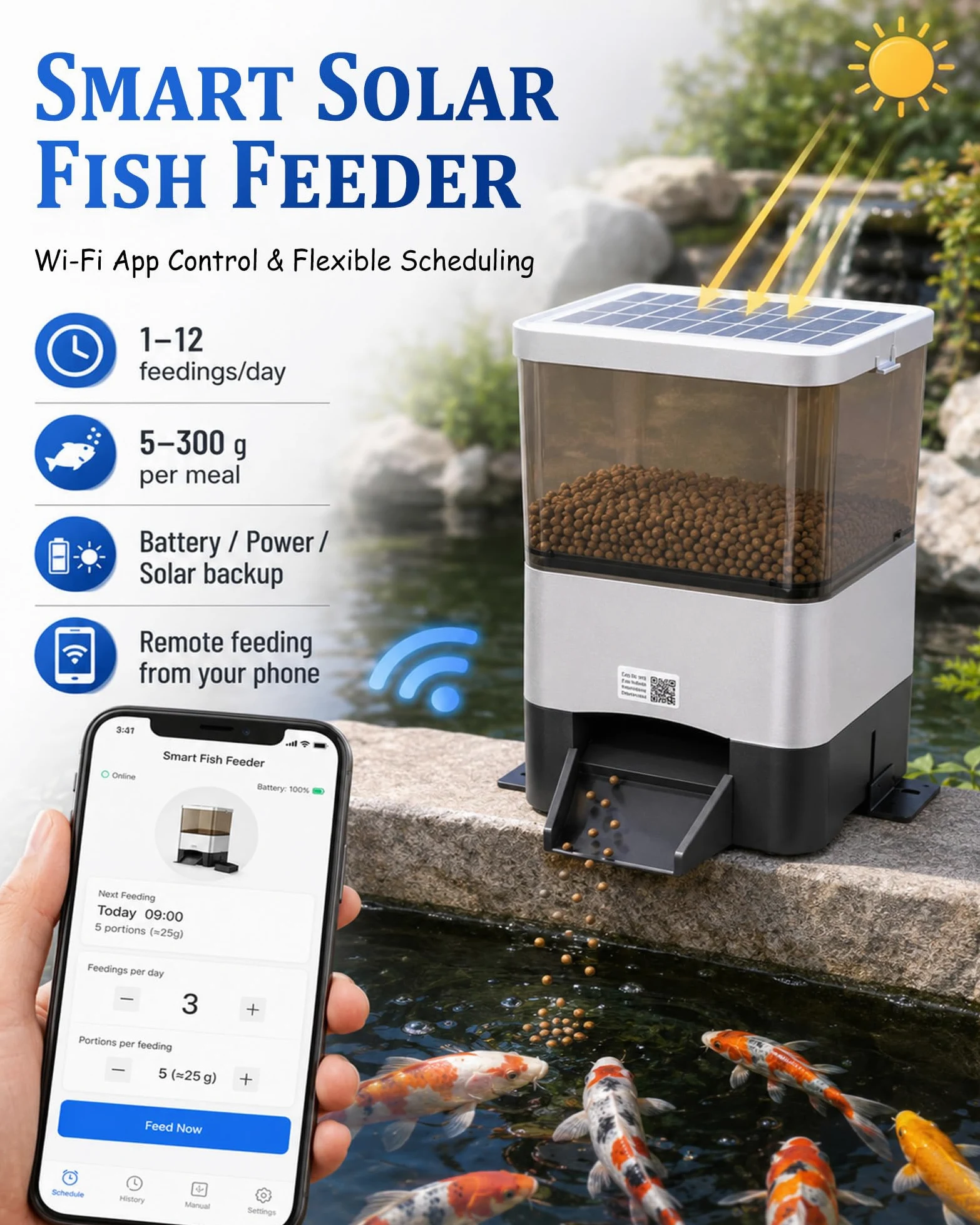 Urlaubs-Automatischer Fischfütterer, 4L(10L) Solarbetrieben mit Mobilsteuerung, Solar- & Netz-Timer, Feuchtigkeitsgeschützt für Außenteich Silver-4L