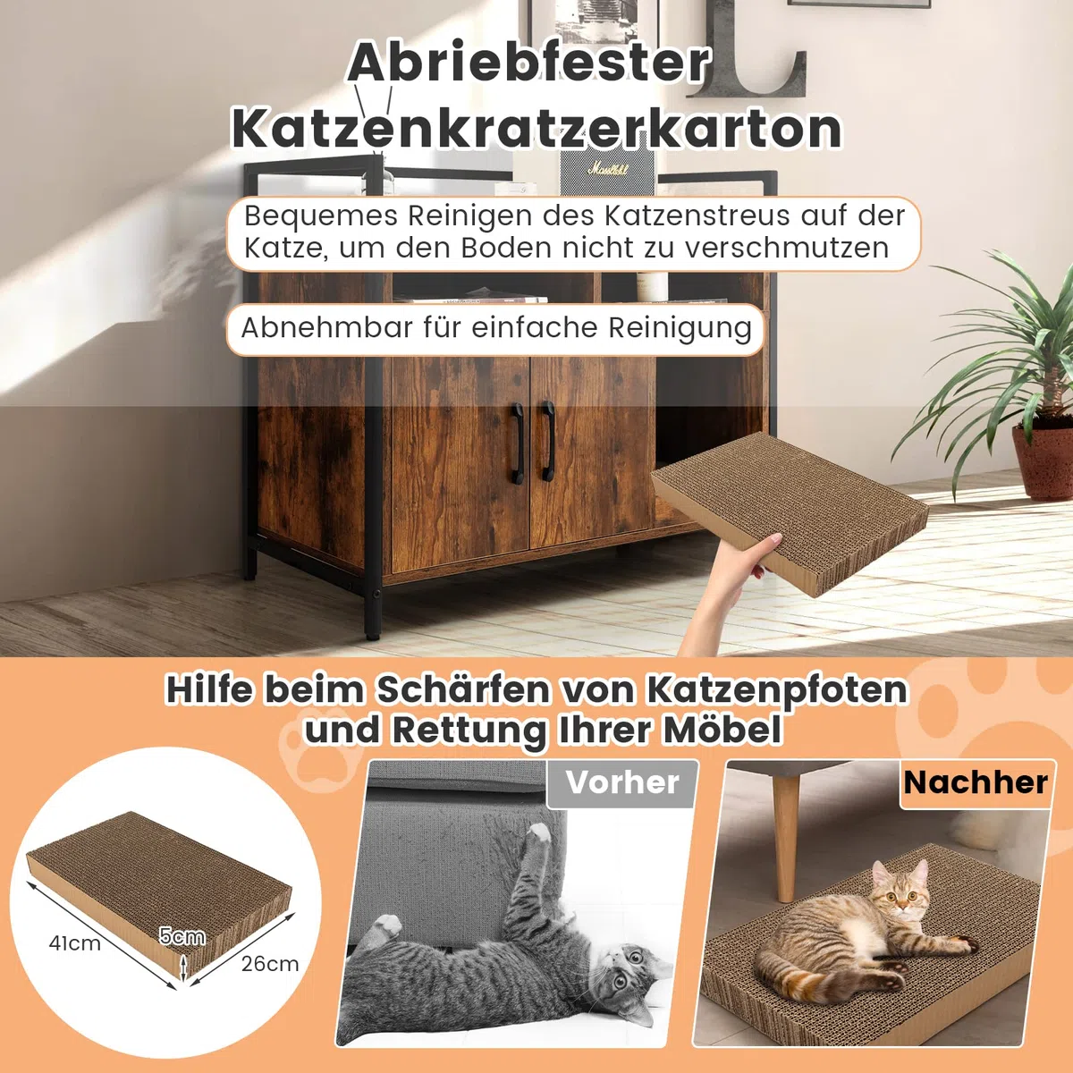 COSTWAY Katzenschrank Katzentoilette mit Doppeltüren & Kratzunterlage, Katzenhaus mit offenem Regal & 2 Fächern, Katzenhöhle Katzenklo Schrank, für Katzen Hunde Haustier (Braun)