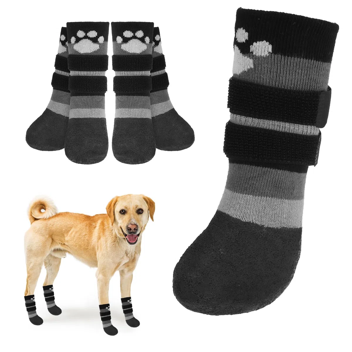 BEAUTYZOO Rutschfeste Hundesocken, Stiefel gegen Lecken von Pfoten, wasserdichte Hundeschuhe für Winter, Schnee/heißen Bürgersteig, griffige Socken mit doppelten Riemen für Hartholzböden, Booties für