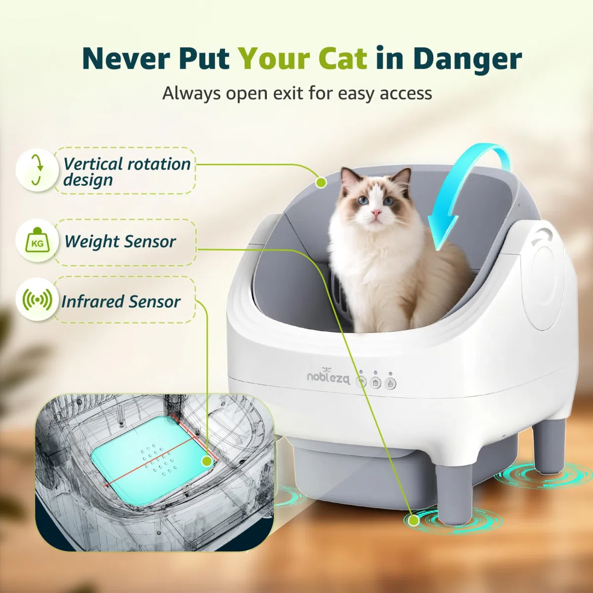 Nobleza - Selbstreinigende Katzentoilette SL03, App-Steuerung, Große Fassungsvermögen, offenes Design, für Mehrere Katzen (inkl. 2 Rollen Beutel & 1 Duftspender)