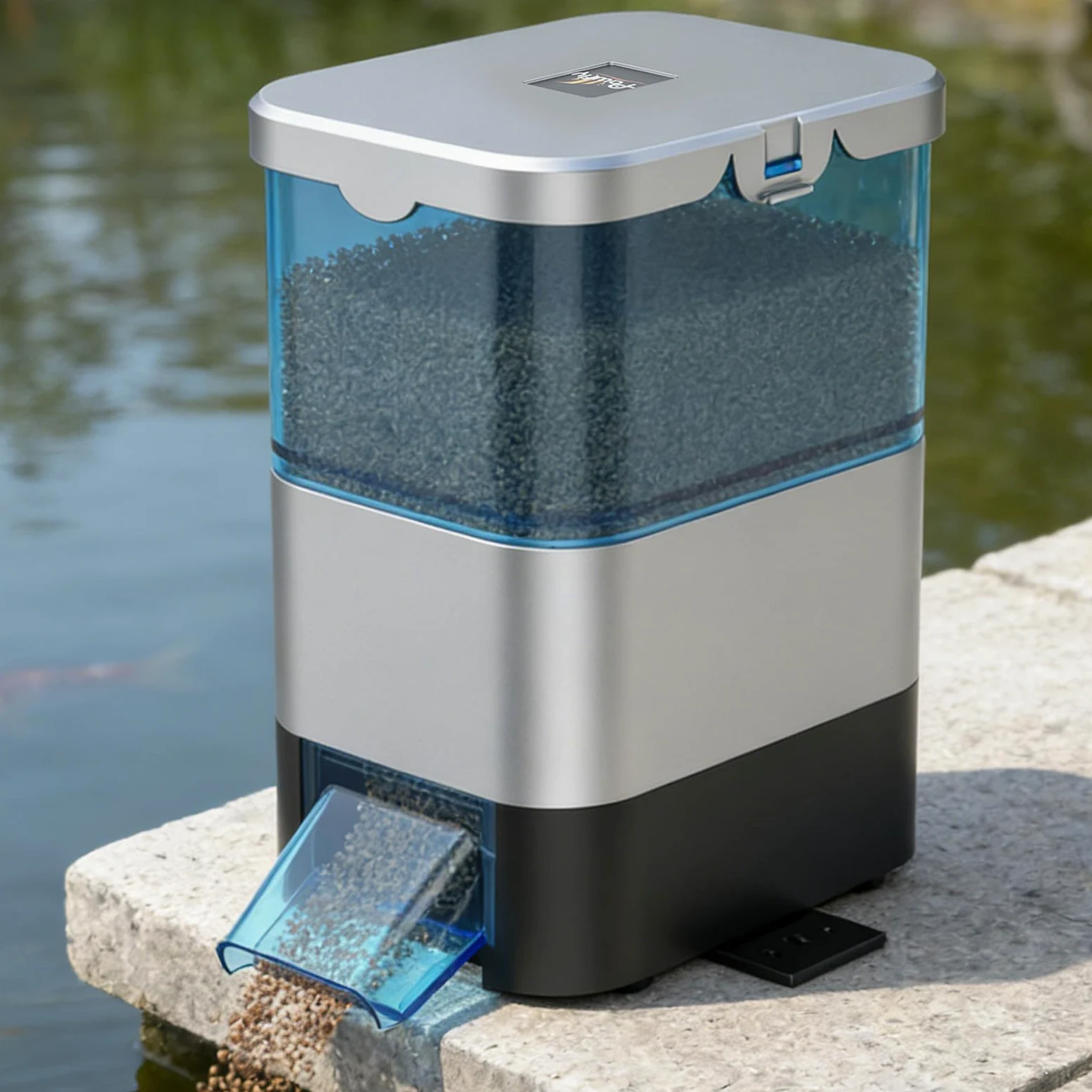 Pawfly Automatischer Fischfutterautomat für Teiche, 2,8 L großes Fassungsvermögen, Teichfutterautomat mit Timer, einstellbarer Futterspender, feuchtigkeitsgeschützt für Koi im Außenbereich, batteriebe