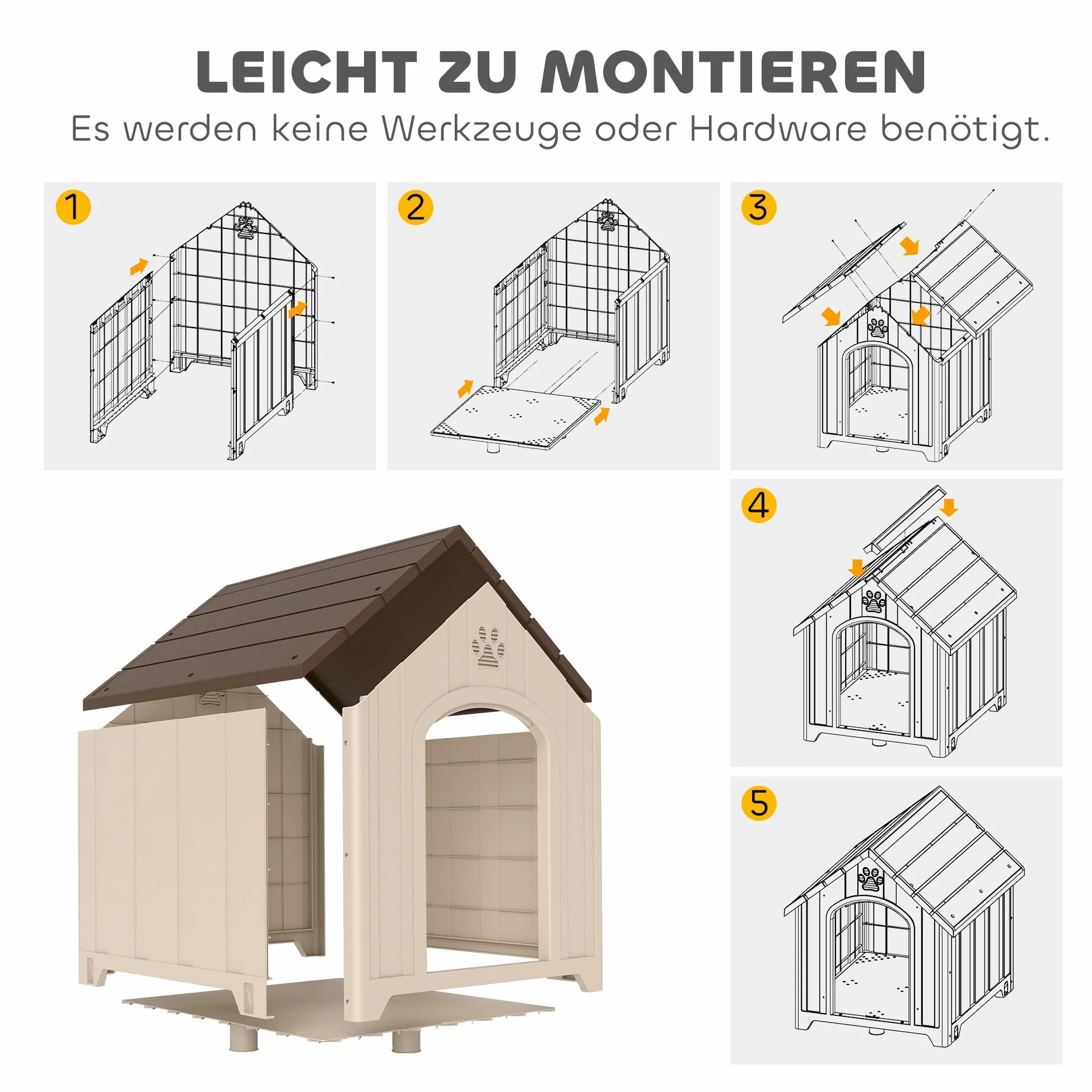 PawHut Hundehütte Wetterfestes Hundehaus für mittelgroße Große Hunde Beige | Erhöhte Hundehöhle mit Wasserfestem Dach Bodenankern Klauenförmige Lüftungsöffnung, Outdoor Hütte, Hunde Bis 30 kg