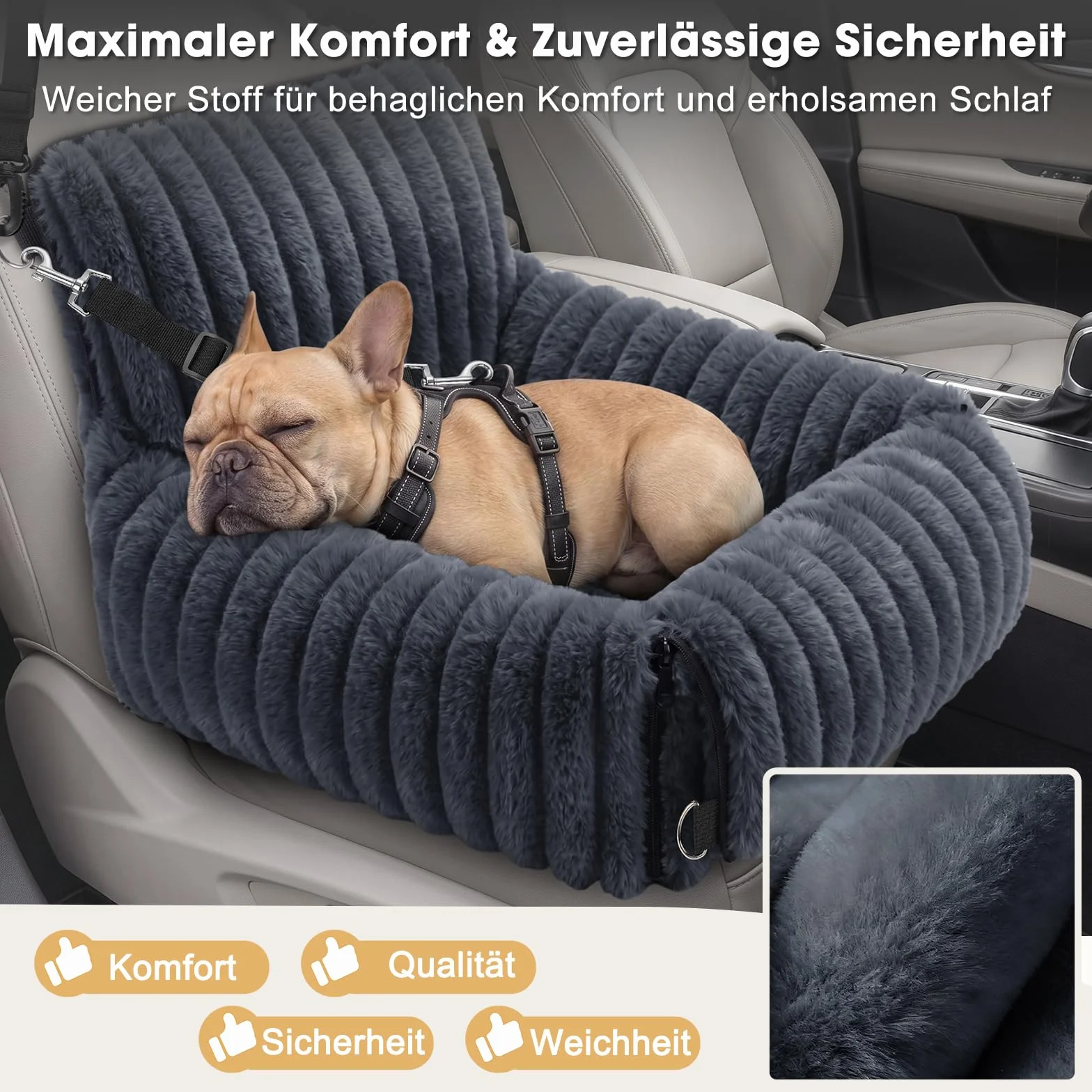 MIXJOY Hunde Autositz für kleine bis mittlere Hunde, Waschbarer Ansteckbare Leine verdickter Memory-Schaum-Füllung, Hundebett Auto für Rückbank Vordersitz, Grau