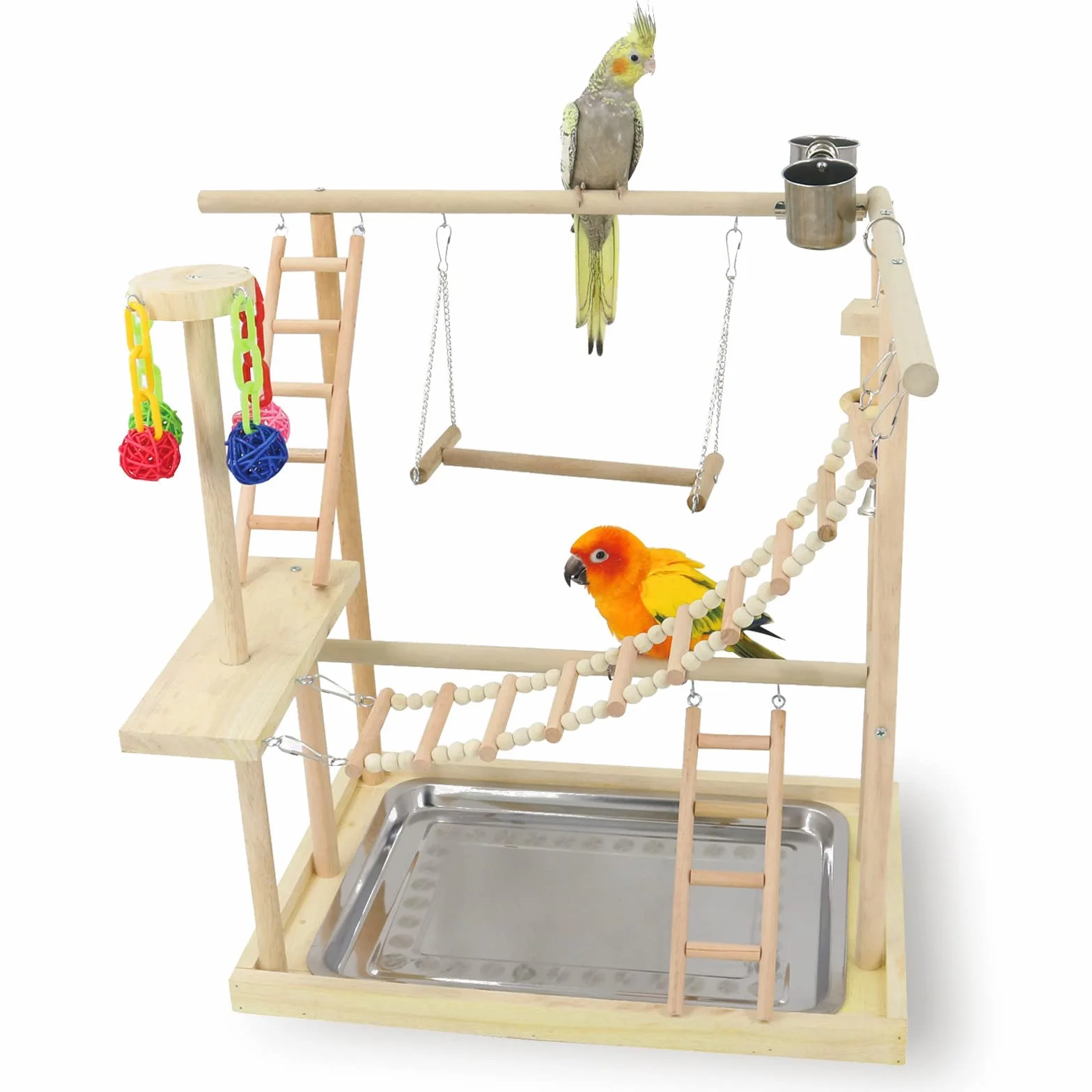 Vogel-Spielständer aus Holz mit Leitern, Schaukel, Kauspielzeug & Futternäpfe für Papageien, Nymphensittiche, Sittiche, Sittiche, Sittiche, Sittiche, Fitness-Studio für kleine bis mittelgroße Vögel