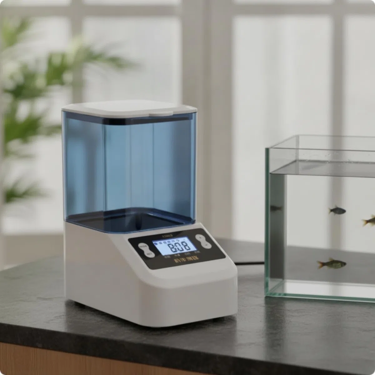 Aquarium-Futtautomat mit Digitalanzeige automatisch Fischfuttautomat mit Zeitschaltuhr programmibar Futtautomat Zeitschaltuhr für Koiteich, Weiß, 1000ml Doppelbatterie Große Partikel