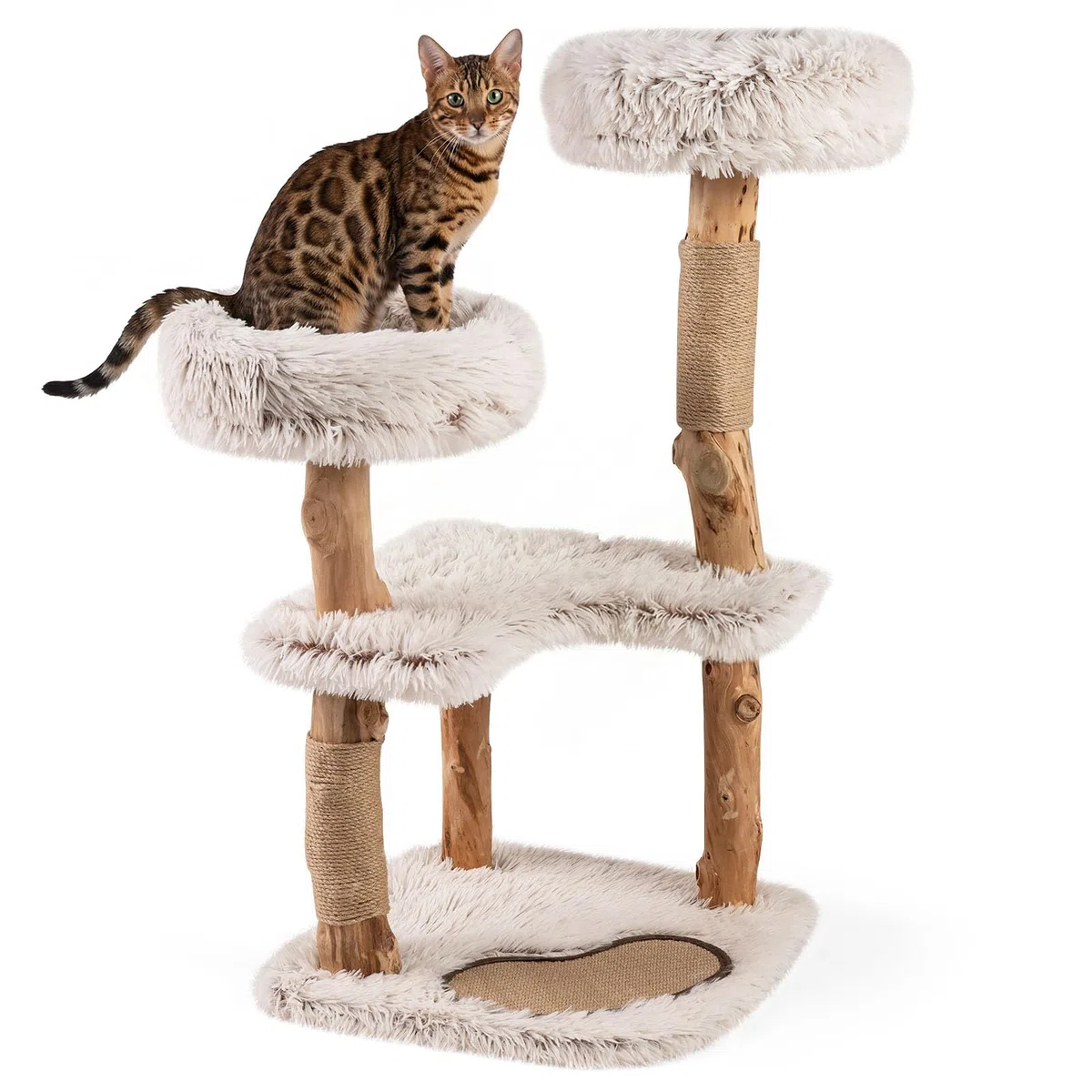 FANTASK Holz-Katzenkratzbaum 101 cm, Massivholz & Jute Kratzpfosten, Kratzmatte, 2 Plüschsitzflächen & 2 große Platformen, Katzenkletterbaum Katzenmöbel