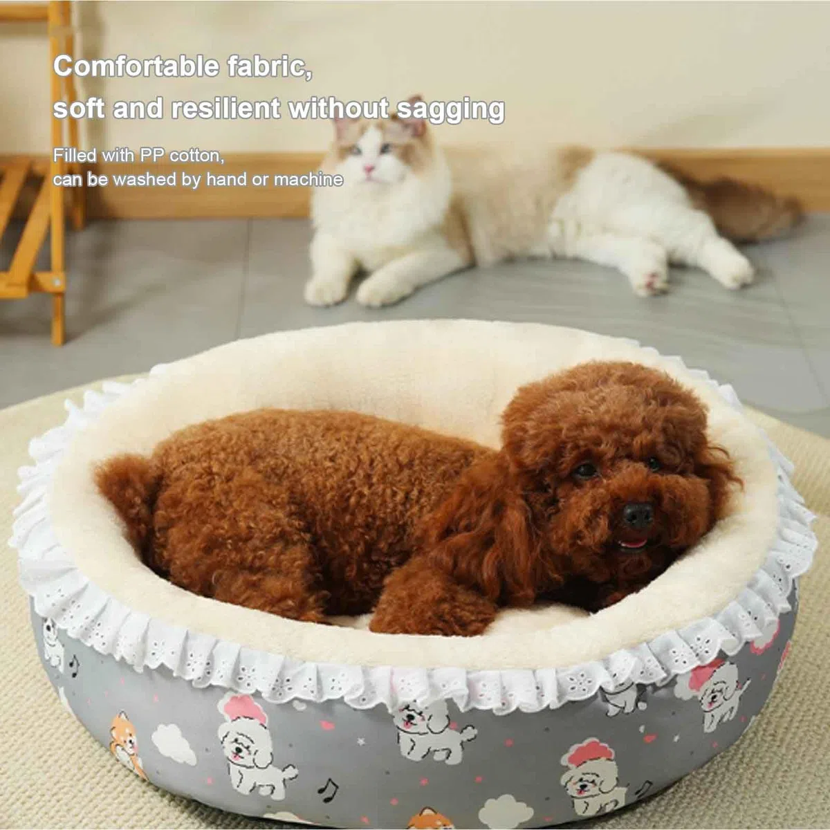 Haustier-Sofa, Katzen Sofa, Hundebett Flauschig, Katzenbett, Donut Katzenkissen Waschbar Mit rutschfest Unterseite, Bequemes Haustier Schlafbett,Beige,L