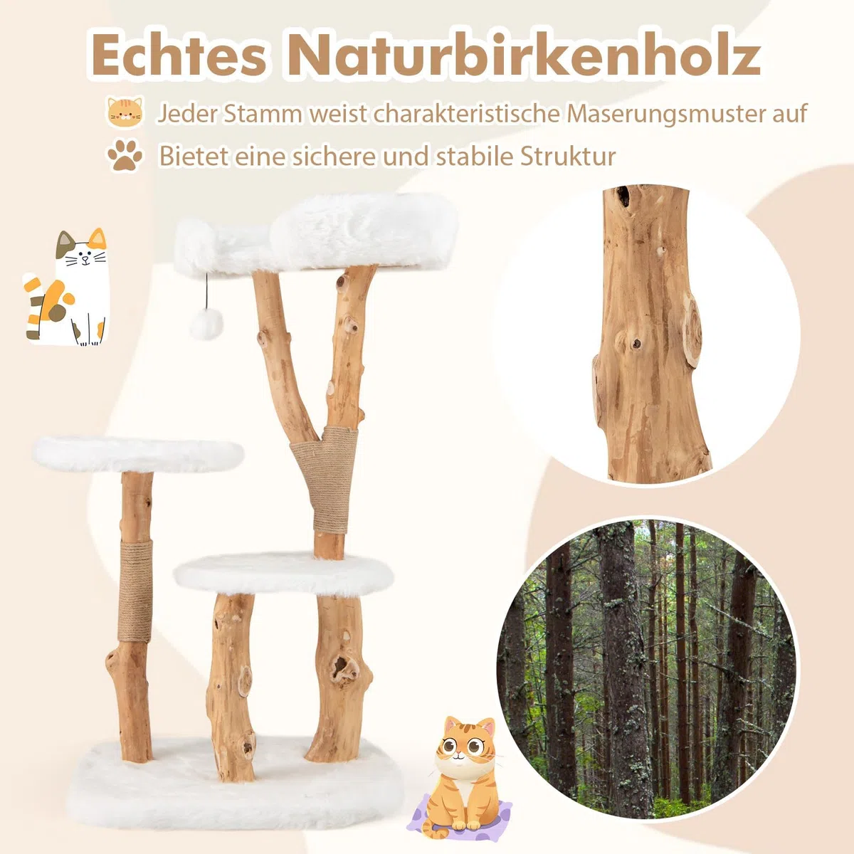 FANTASK Katzenturm Holz, Katzenmöbel mit Spielball & Plüschsitzfläche & 2 Plattformen, Katzenbaum mit Kratzpfosten, Kratzbaum Massivholz aus Jute, Katzen Katzenkratzbaum Kletterbaum, 110 cm (Weiß)
