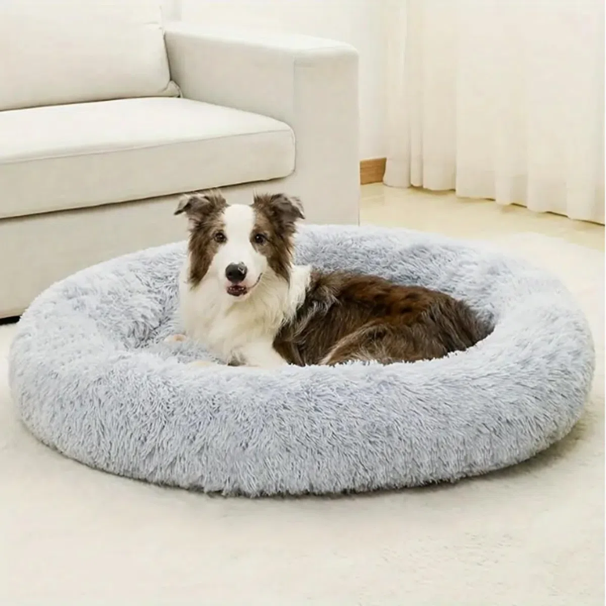 Plüsch-Donut-Kuschel-Hundebett, rund, waschbar, Anti-Angstzustände, flauschiges Haustierkissen, rutschfest, mittelgroß, weich, warm (150 x 150 x 20 cm, Beige)