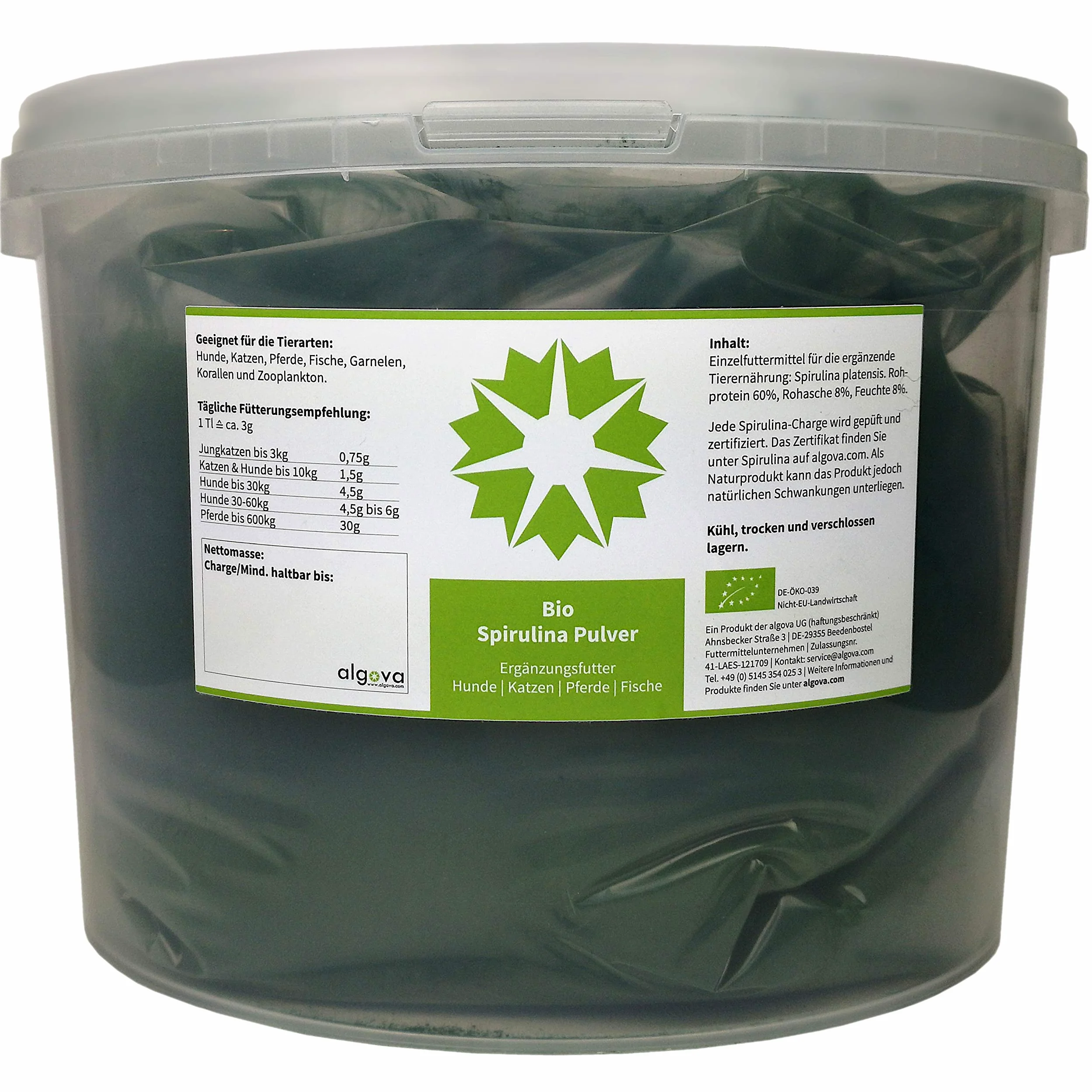 Bio Spirulina Pulver 5kg | Barf-Zusatz für Hund & Katze | Futter-Zusatz für Pferde | Fischfutter für Garnelen, Welse und Schnecken | Von Natur aus hoher Vitamin & Mineralstoffgehalt