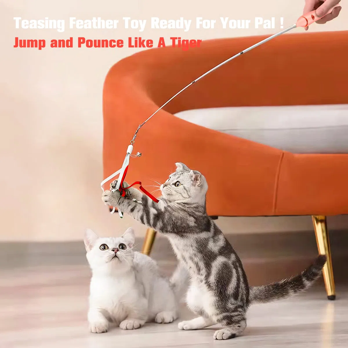 BEBOBLY 3-in-1 einziehbarer Katzenstab, Spielzeug für Indoor-Katzen, interaktives Feder-Katzenspielzeug Teaser Angelrute, 2 echte Federn und langes Band mit Glocken