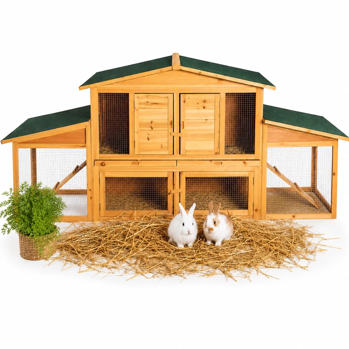 Mucola XXL Hasenstall Holz für draußen – Winterfest, mit Freilaufgehege, 215×73×100 cm, inklusive Schubladen zur einfachen Reinigung – Kaninchenstall Outdoor, wetterfest & robust