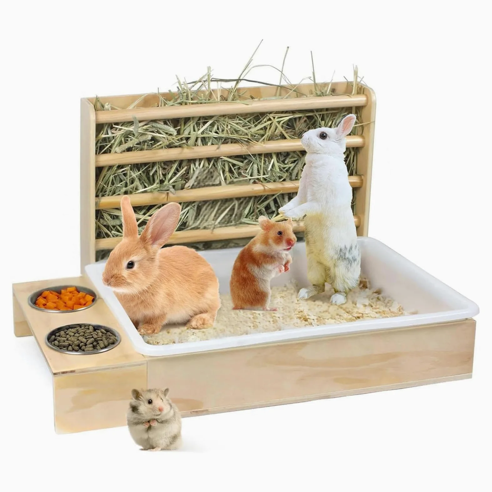 Kaninchenfuttertrog mit Katzenklo, Näpfen Und Tränke, Hölzerner Kaninchenfuttertrog für