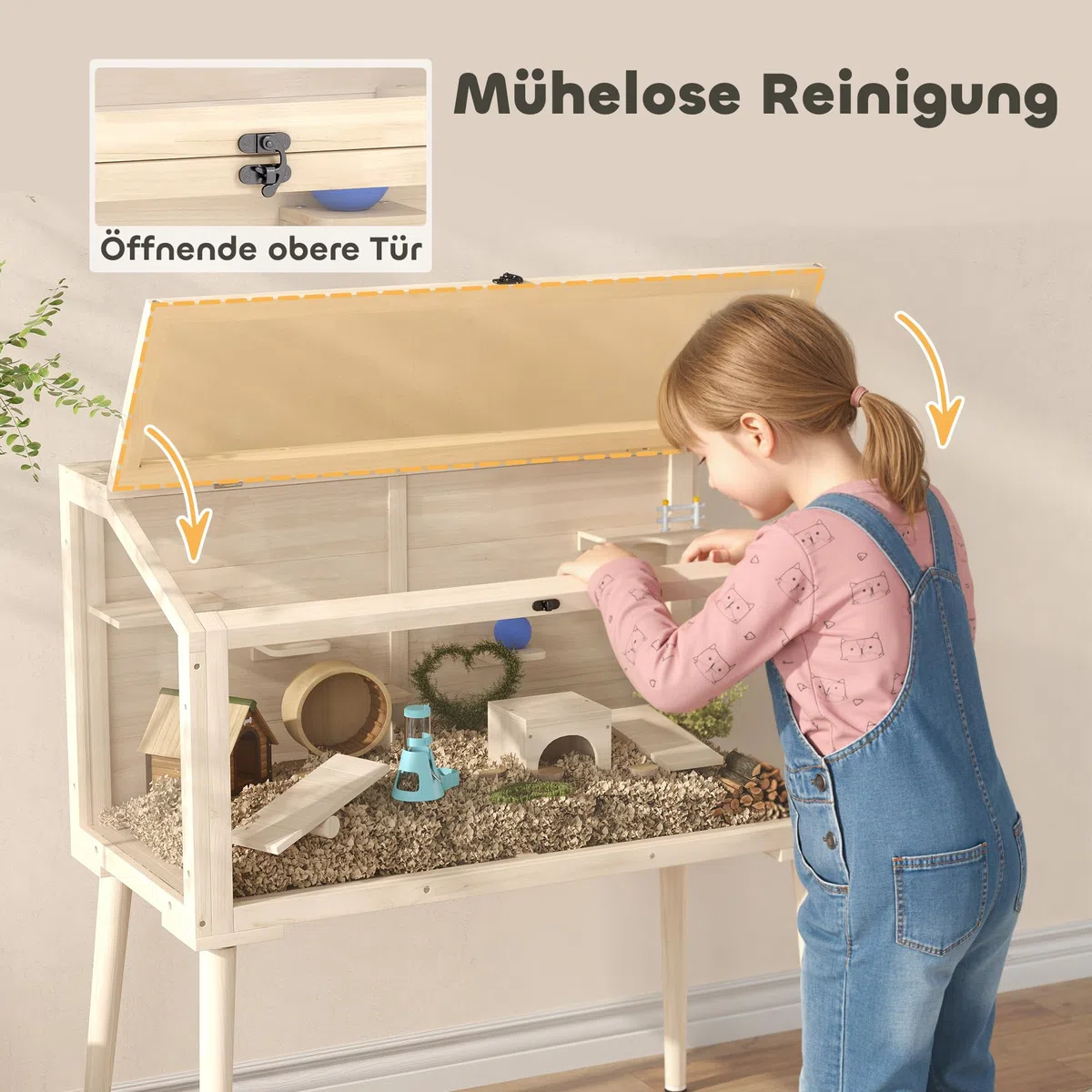 PawHut Hamsterkäfig mit Wippe für Hamster 110 x 52 x 101 cm Naturholz | Zwerghamstergehege, Kükenaufzuchtbox, Wasserflasche, Oberer Tür, Massivholzbeine, Kleintierstall, für Hühnchen Vögel