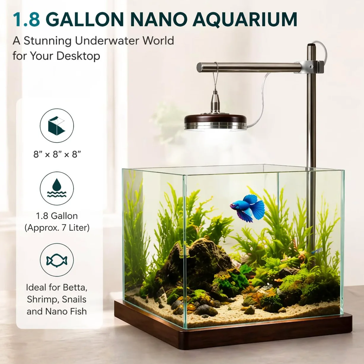 Kleines Aquarium mit LED-Licht und Holzständer, 20,3 cm, Nano-Aquarium-Starter-Set, inklusive Reinigungswerkzeug, Tuch und Matte für Schreibtisch, Büro, Schlafzimmer, ca. 4 l