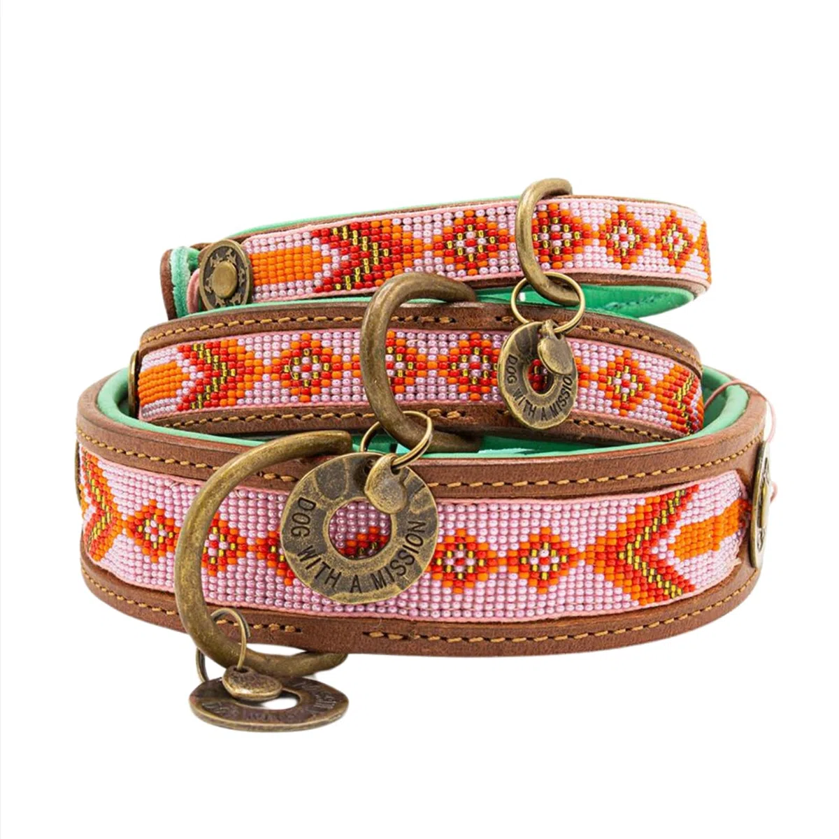 DWAM Dog with a Mission - Hundehalsband L | Farbenfroh Rosa, Orange mit Perlen | Boho, Ethno, Ibiza, Hippie | Große Hunde | Handgemacht | Modisch und Bunt | Aus weichem Echtes Leder | 2,5 cm Breit