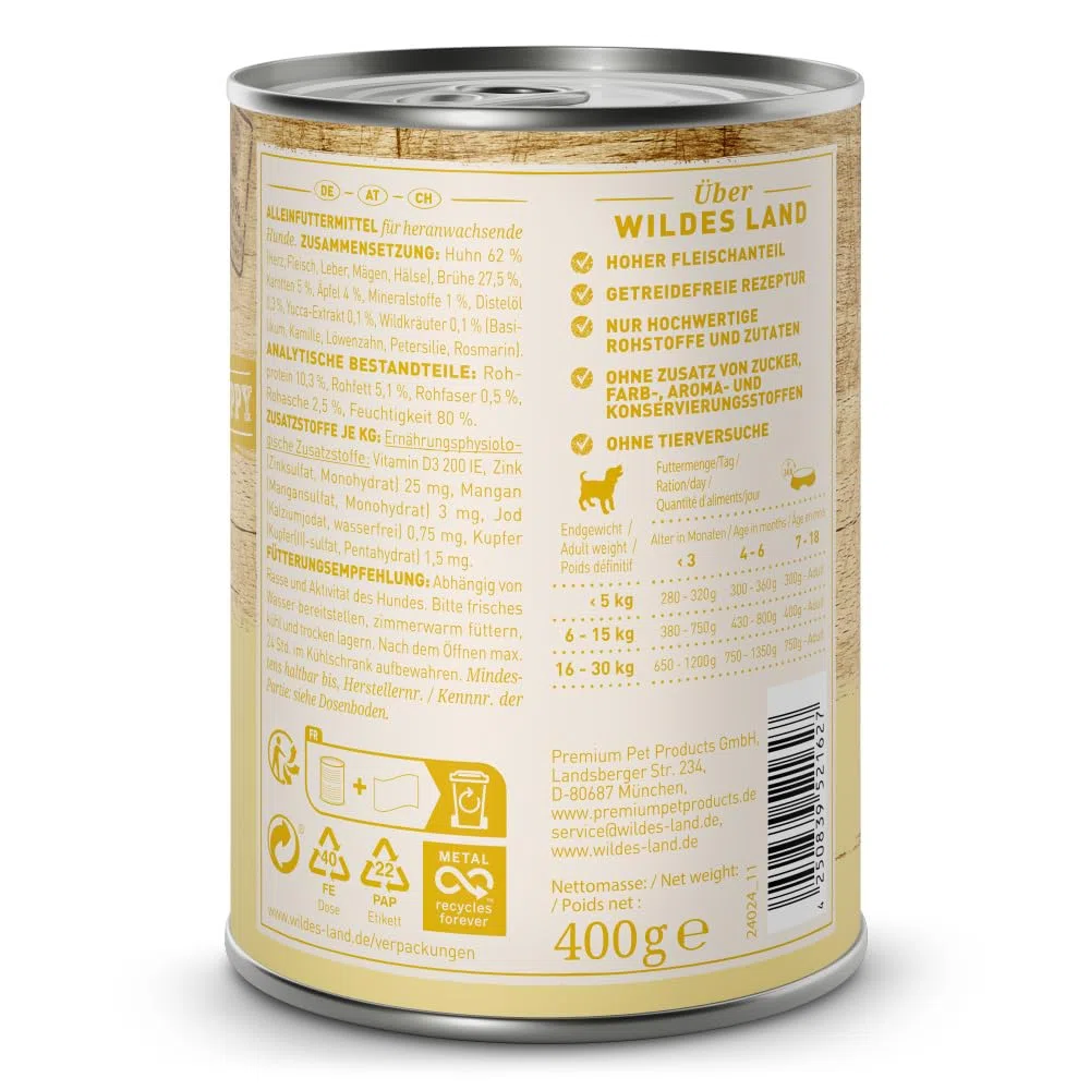 Wildes Land - Huhn mit Karotte - Classic Puppy Nassfutter für Hunde - 30 x 400 g