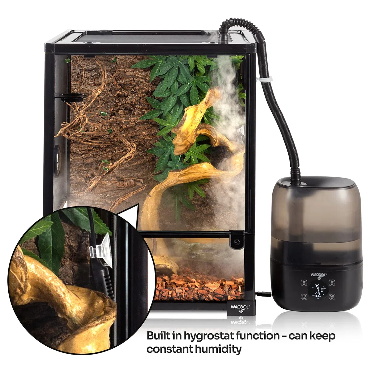 WACOOL ReptilienLuftbefeuchter mit Feuchtigkeitskontrolle, 4 l großer Tank Reptiliennebel mit verlängertem Schlauch, automatisches Terrarium, Nebelgerät für Bären, Drachen, Eidechse, Gecko, Schlange