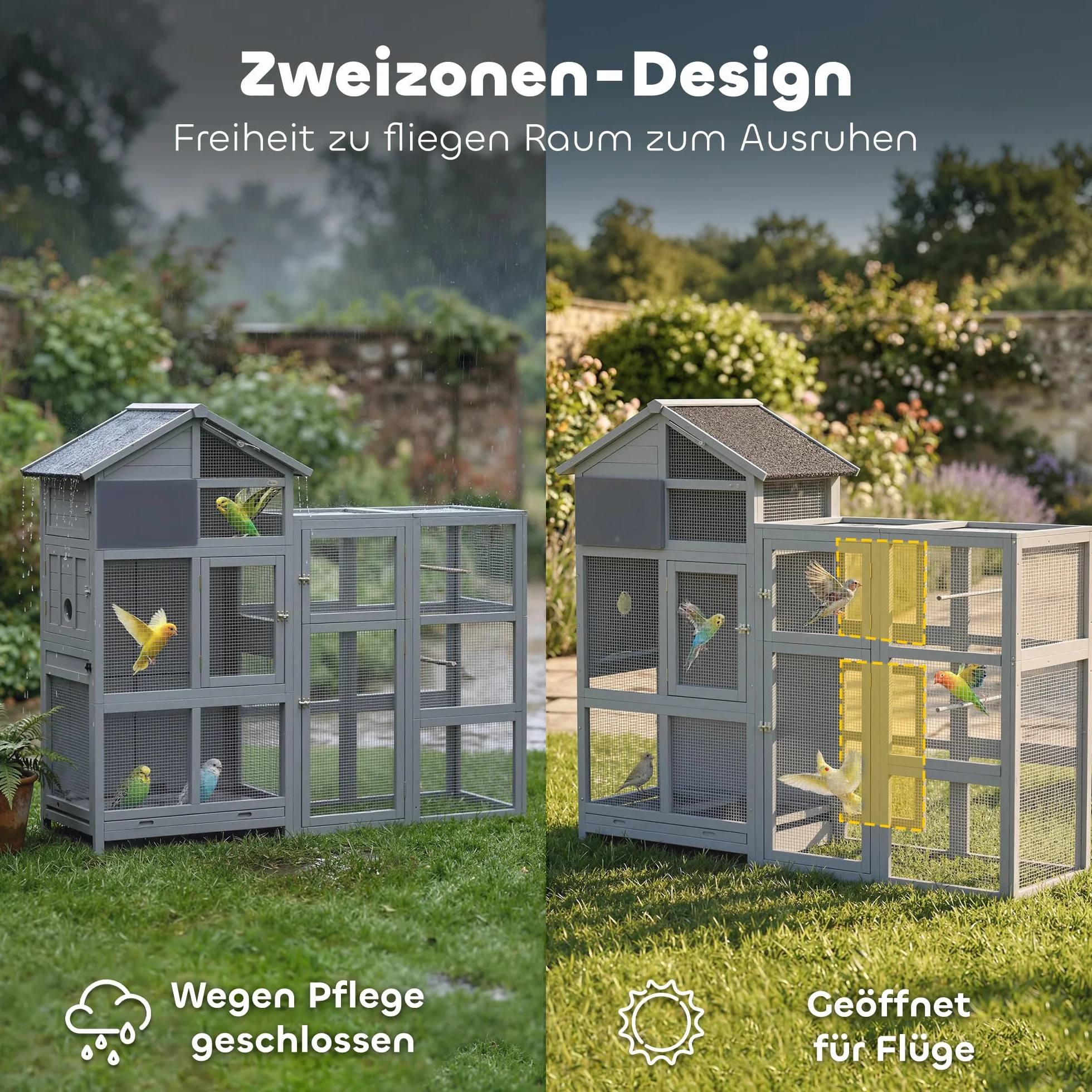 PawHut Voliere Vogelvoliere aus Holz mit Erweiterung 6 Sitzstangen 7 Türen Ablagefach Vogelkäfig mit herausziehbarer Schublade Edelstahlnäpfen Vogelhaus für Finken Wellensittiche Grau 196x60x164,5cm