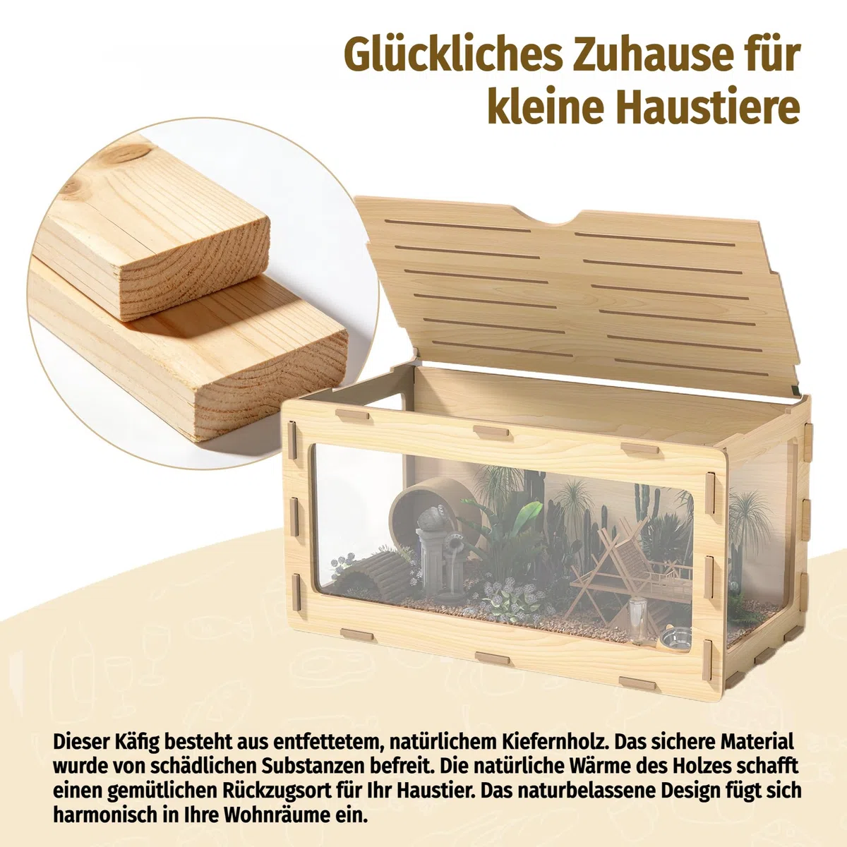 Kleiner Tierkäfig mit klappbarem Deckel Indoor Freilaufgehege holzerner Hamsterkäfig Acrylfenster für Sicht geeignet für Meerschweinchen, Hamster, Schildkröten (Einzeltür)