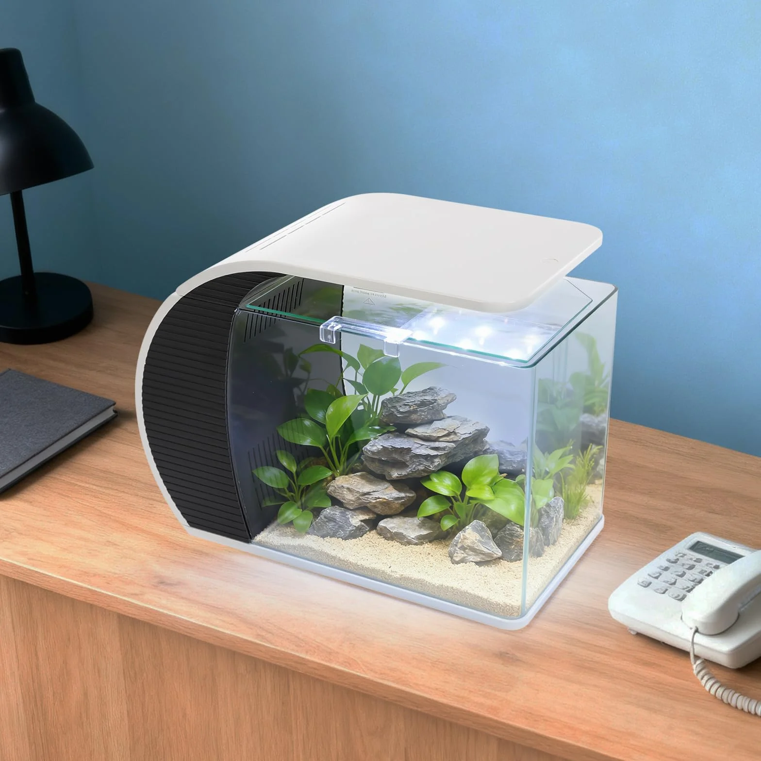 19L Nano Aquarium Komplettset, Tischaquarium aus Glas, mit LED Beleuchtung, integrierter Filter und Wasserpumpe, mit Deckel, 3 Lichtmodi, für kleine Fische Garnelen, Büro Wohnzimmer Deko Zuhause