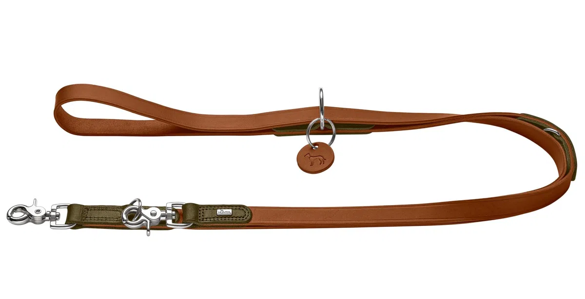 HUNTER Verstellbare Hundeführleine LEMVIG, Farbe: Cognac/Oliv, Leder, 3-Fach verstellbar, belastbar & strapazierfähig, komfortabel, elegant & trendig, Made in Germany, Größe: 20/200