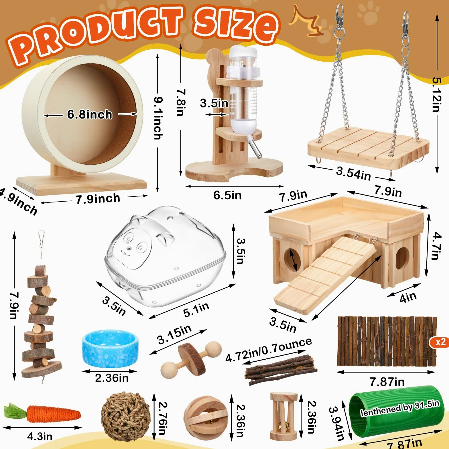 Hamsterspielzeug-Set, 19-teilig, Holz, versteckt, Baumstamm, Tunnel, Rohr, leises Training, Laufräder, Wasserflaschen-Set, Sandbadschale, 10 Arten, Kauspielzeug für Hamster, Lebensraum