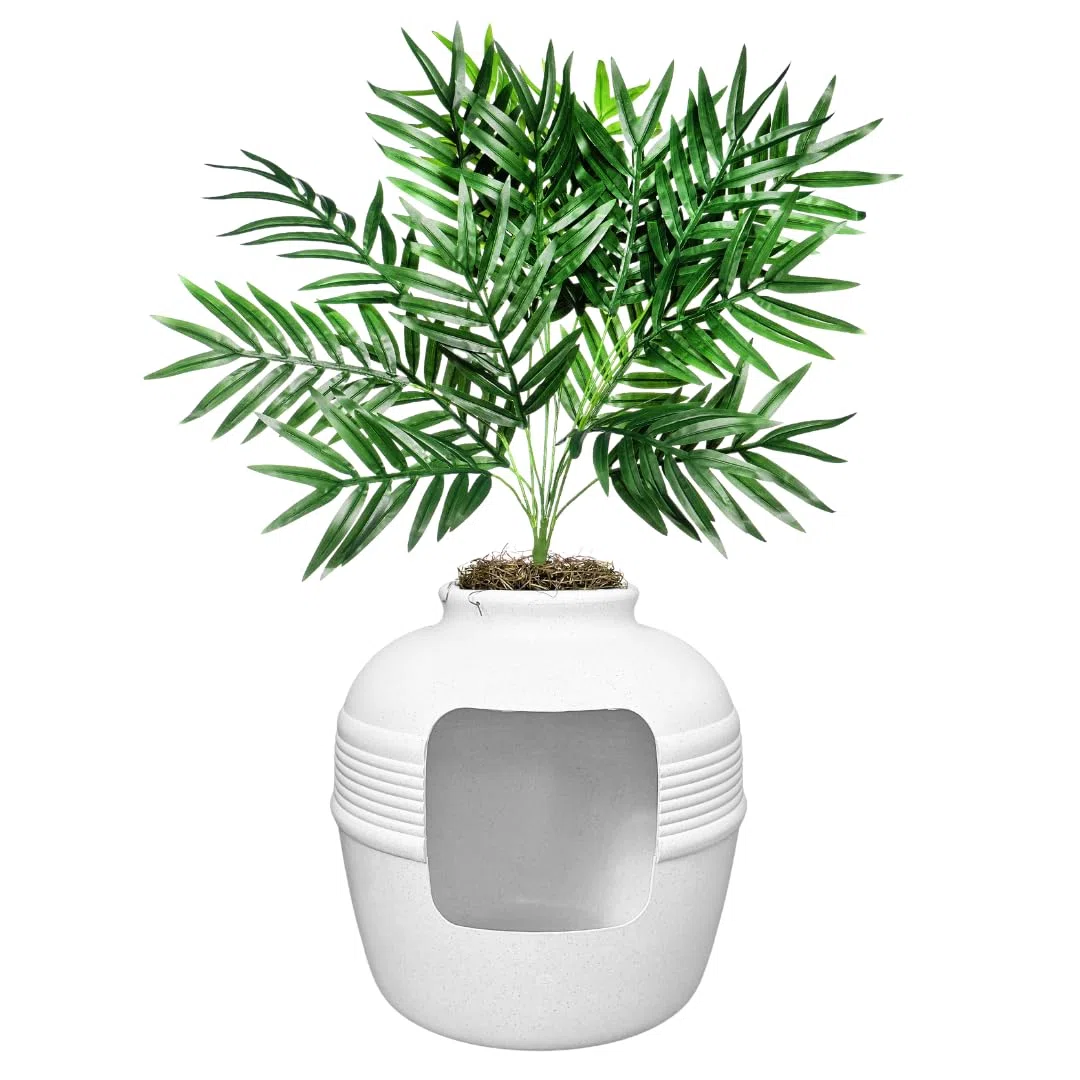 Good Pet Stuff Original versteckte Katzentoilette mit künstlicher Pflanze und geschlossenem Katzenklo, belüftet und mit Geruchsfilter, leicht zu reinigen, Birke-Weiß