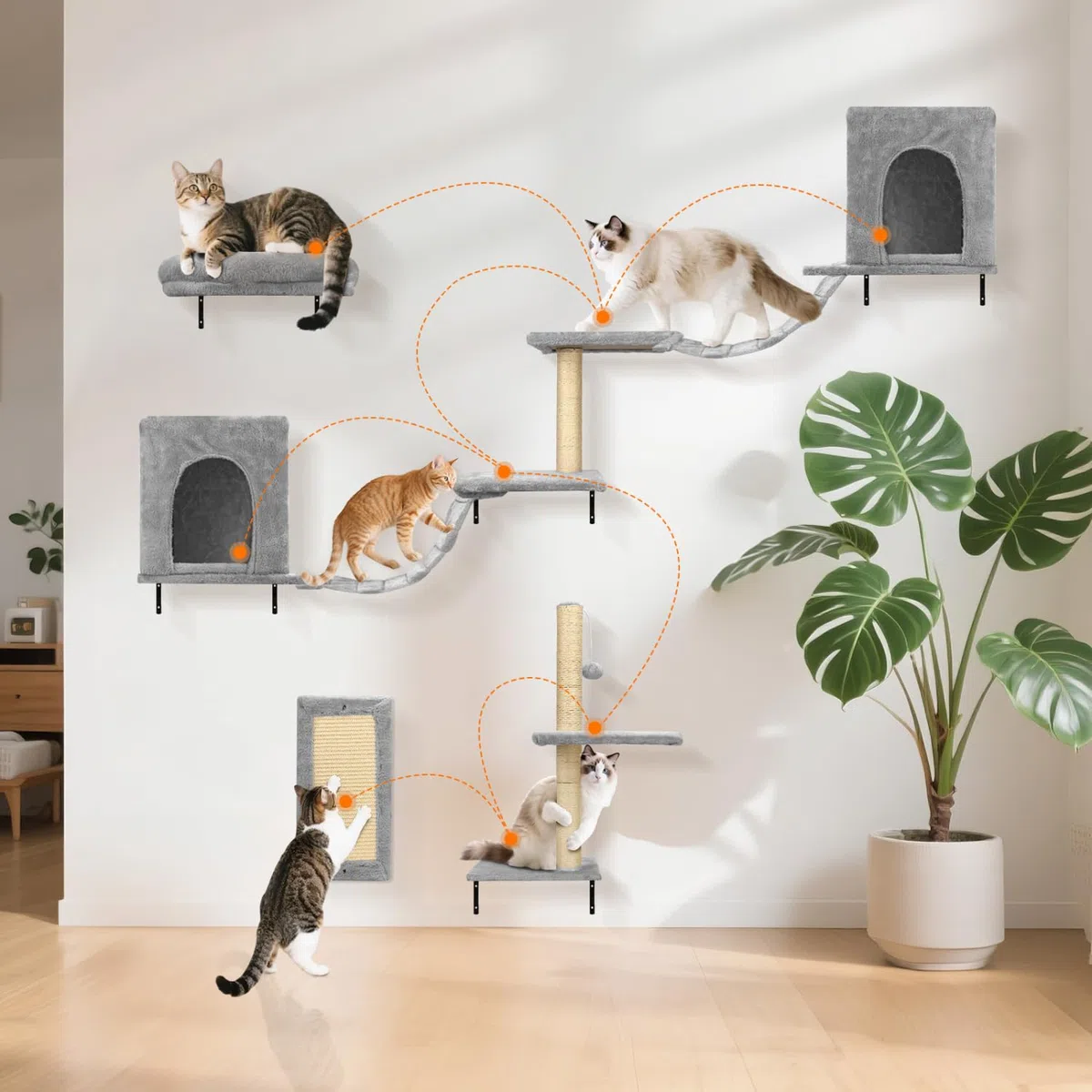 Nobleza Kletterwand Katzen 6 Set, 2 Katzenhäuser mit stabilen Kratzsäulen, Hängebrücke & festem Kratzbrett - Stabiles Katzen wandelemente für Schlafen, Spielen, Lounging bis 10 kg