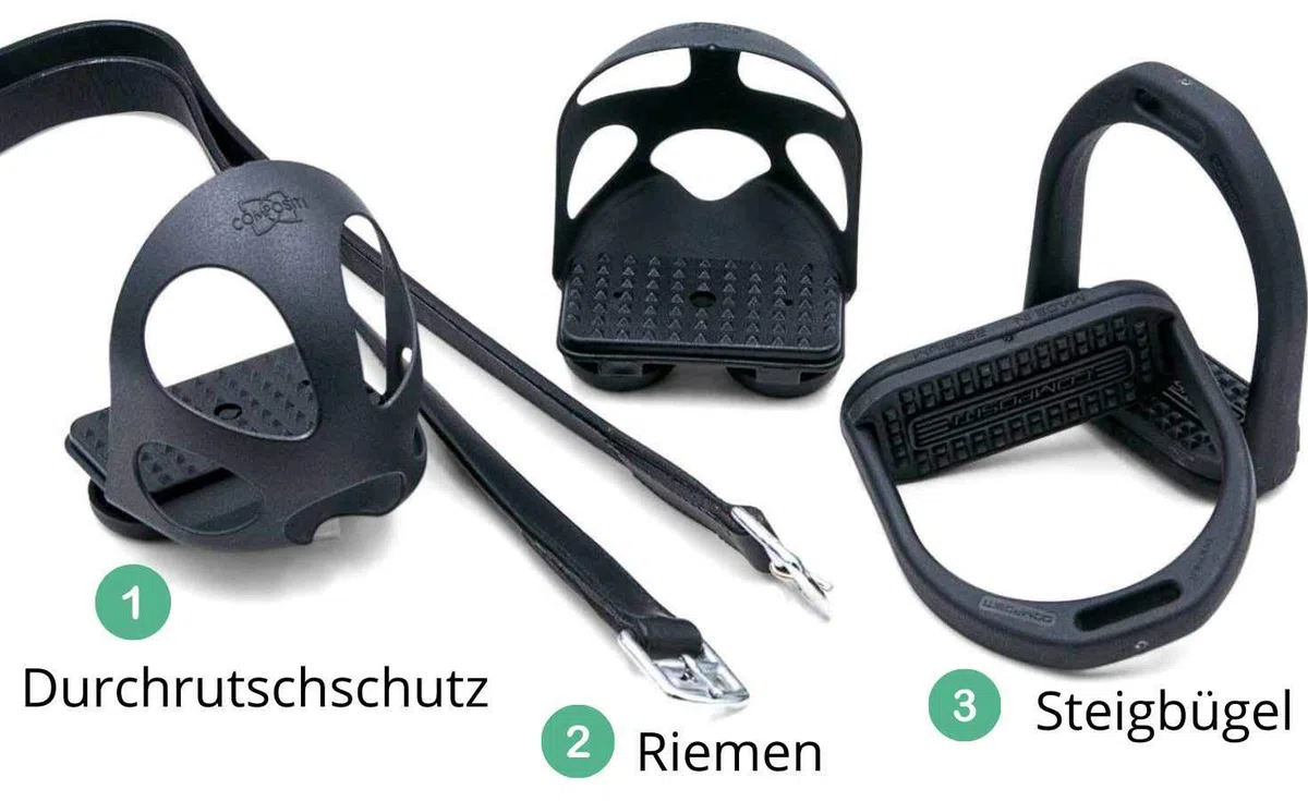 Compositi AMKA Sattelzubehör Set für Kinder mit Steigbügel, Riemen und Durchrutschschutz