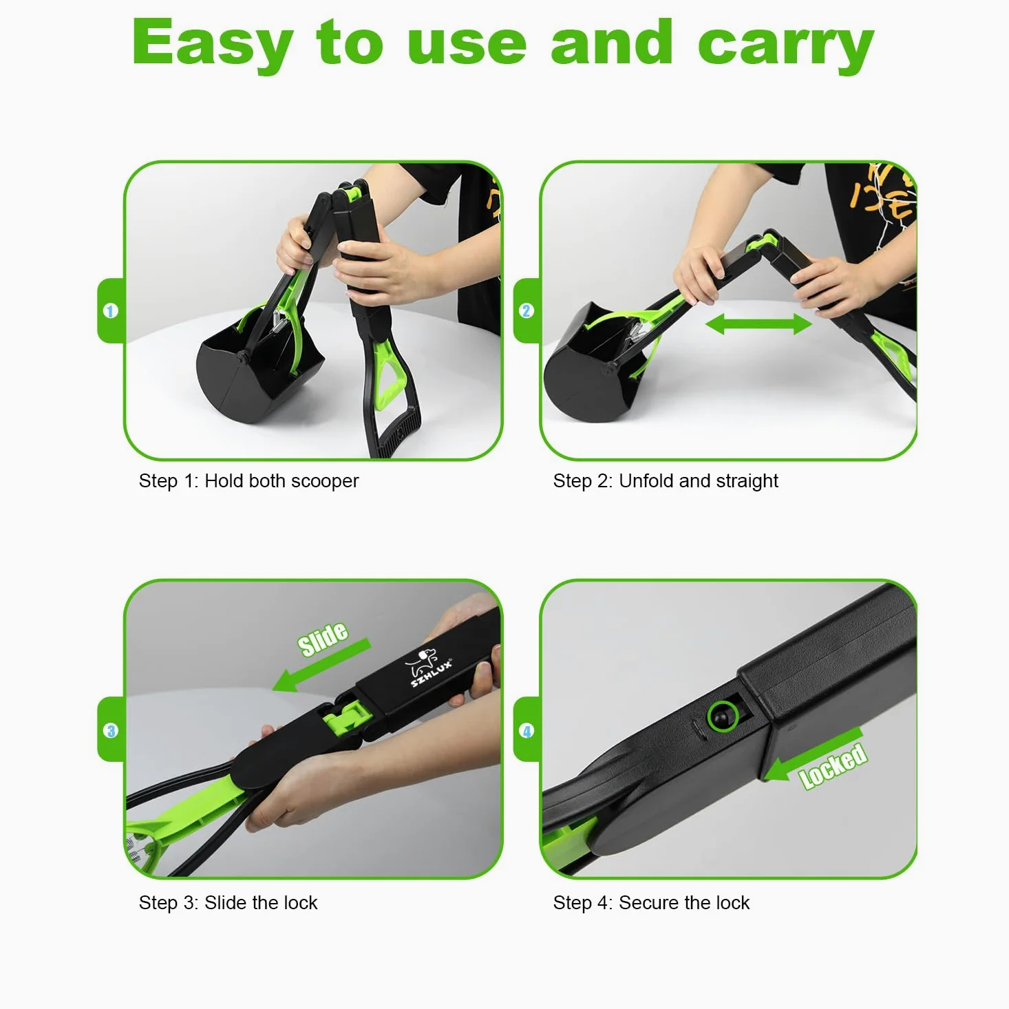 SZHLUX 71,1 cm Pooper Scooper, Faltbare Hundekotschaufel mit unzerbrechlichem Material und langlebiger Feder für Gras und Kies, Grün