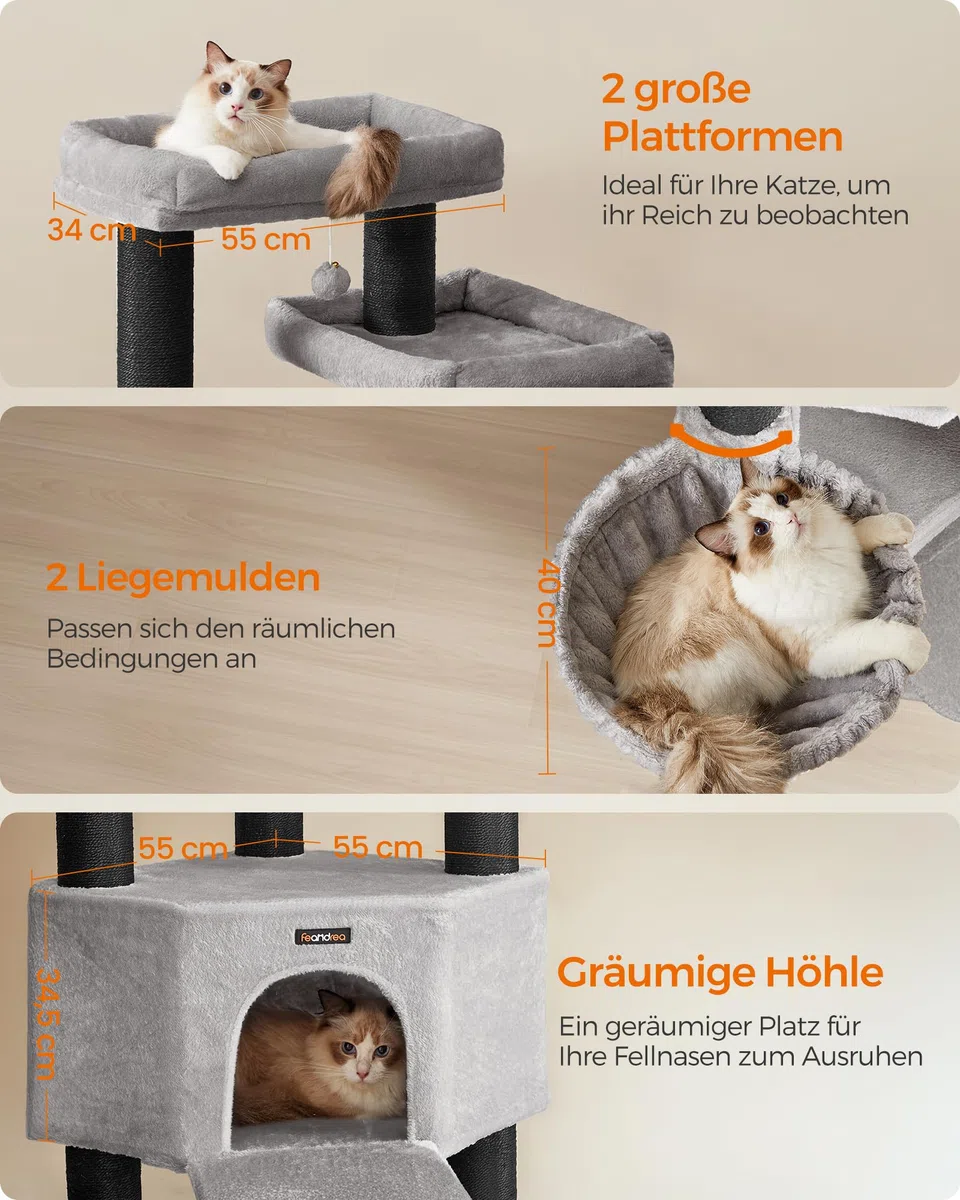 Feandrea Kratzbaum groß, mehrstöckiger Katzenbaum, XXL, 55 x 55 x 186,7 cm, 11 cm d Dicke Sisalstämme, für große Katzen wie Maine-Coon-Katze, Katzenkratzbaum, Taubengrau-tintenschwarz PCT008G02