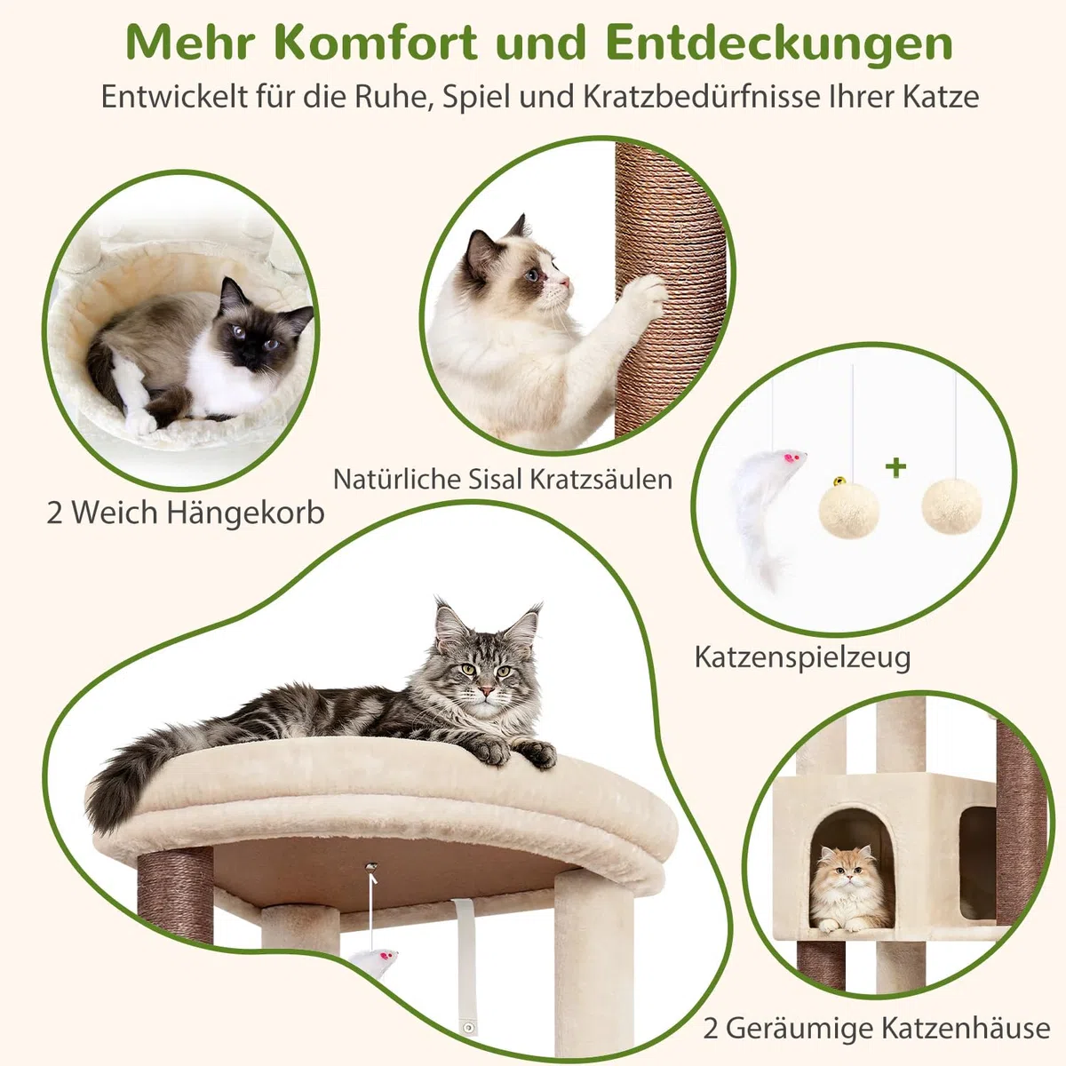 Globlazer Kratzbaum Beige Stabil für Große Katzen 163 cm Eckkratzbaum C64 | Stabil Katzenbaum mit Extragroß Gepolsterte Plattform 2 Große Katzenhäuse 2 Katzenkorb für Erwachsene Katzen, Maine Coon