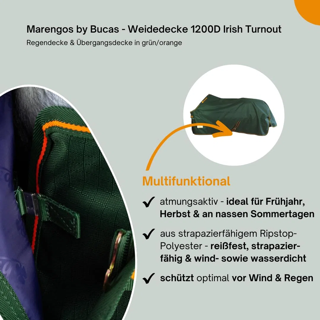 Marengos by Bucas - Weidedecke 1200D Irish Turnout | als Regendecke & Übergangsdecke | wasserdichte Outdoordecke mit Innenfutter & Kreuzbegurtung | Grün/Orange in Größe 165cm (ohne Füllung)