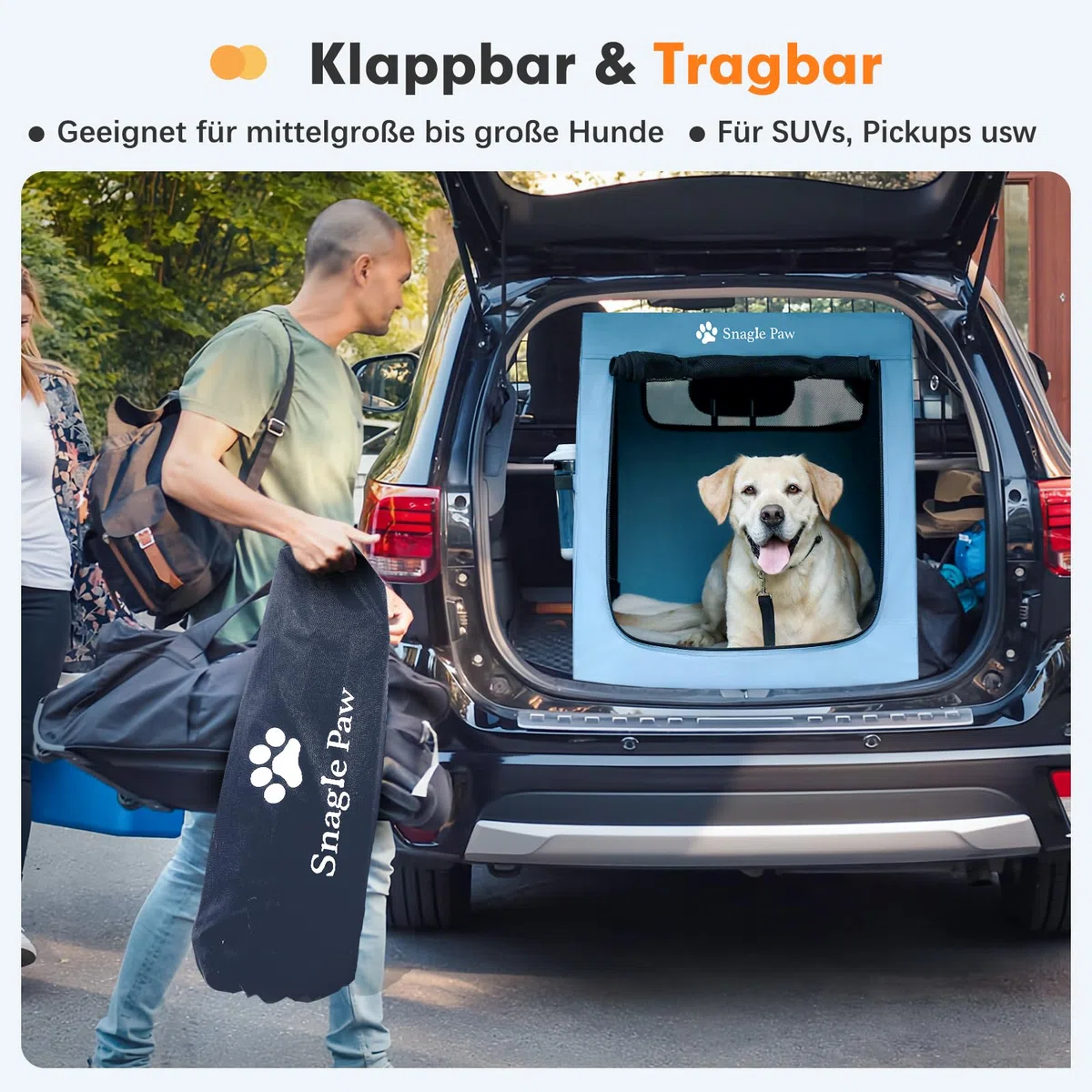 Snagle Paw Große Hundetransportbox für Autoreisen,Zusammenklappbare Transportbox mit Metallrahmen & 3-Maschigen Türen,Hundebox für Kofferraum/Rücksitz,Stabil Kennelbox mit Großer Aufbewahrungstasche