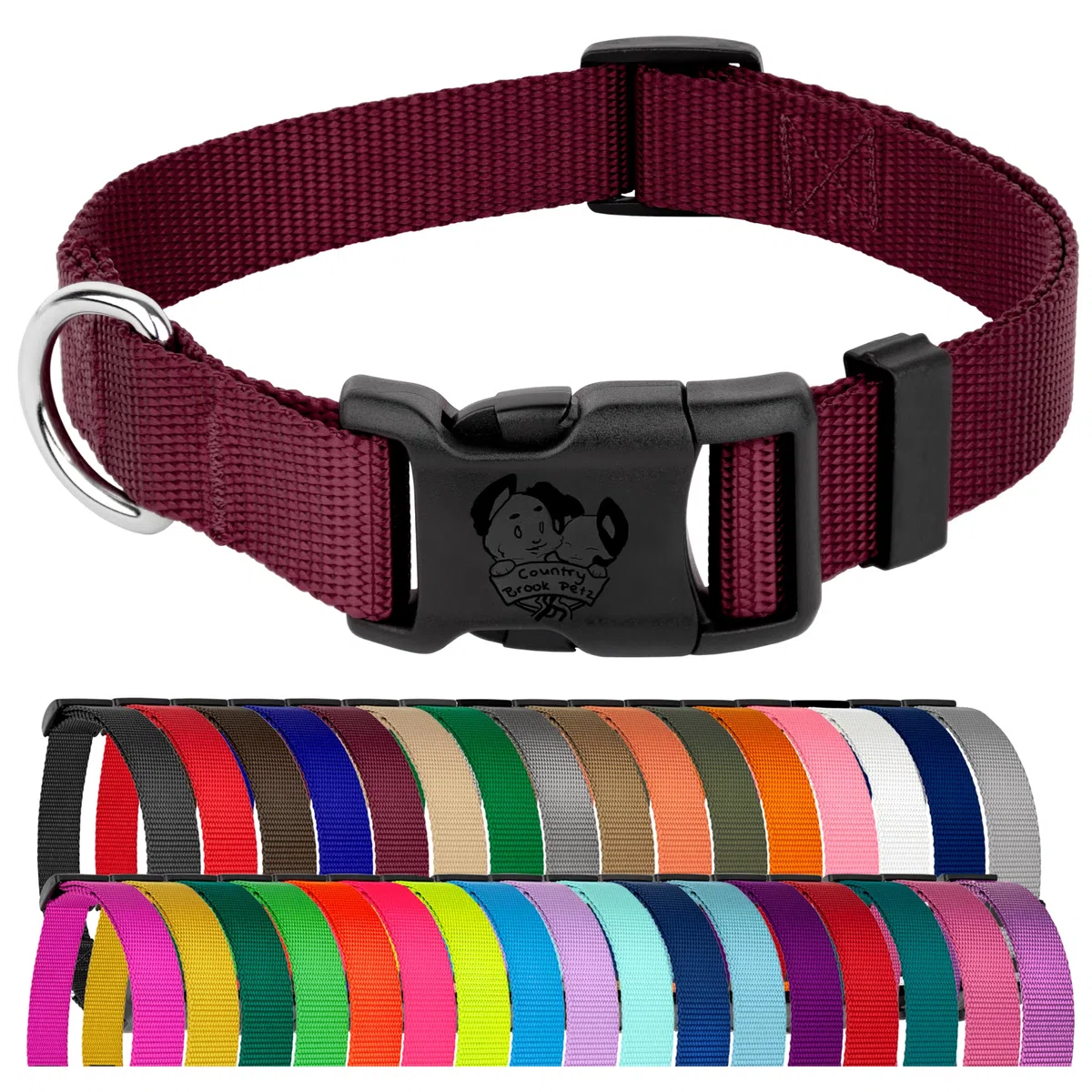 Country Brook Petz Hundehalsband, Nylon, hergestellt in den USA mit Schnalle, Größe M, 1,9 cm breit, Burgunderrot, 32 leuchtende Farben