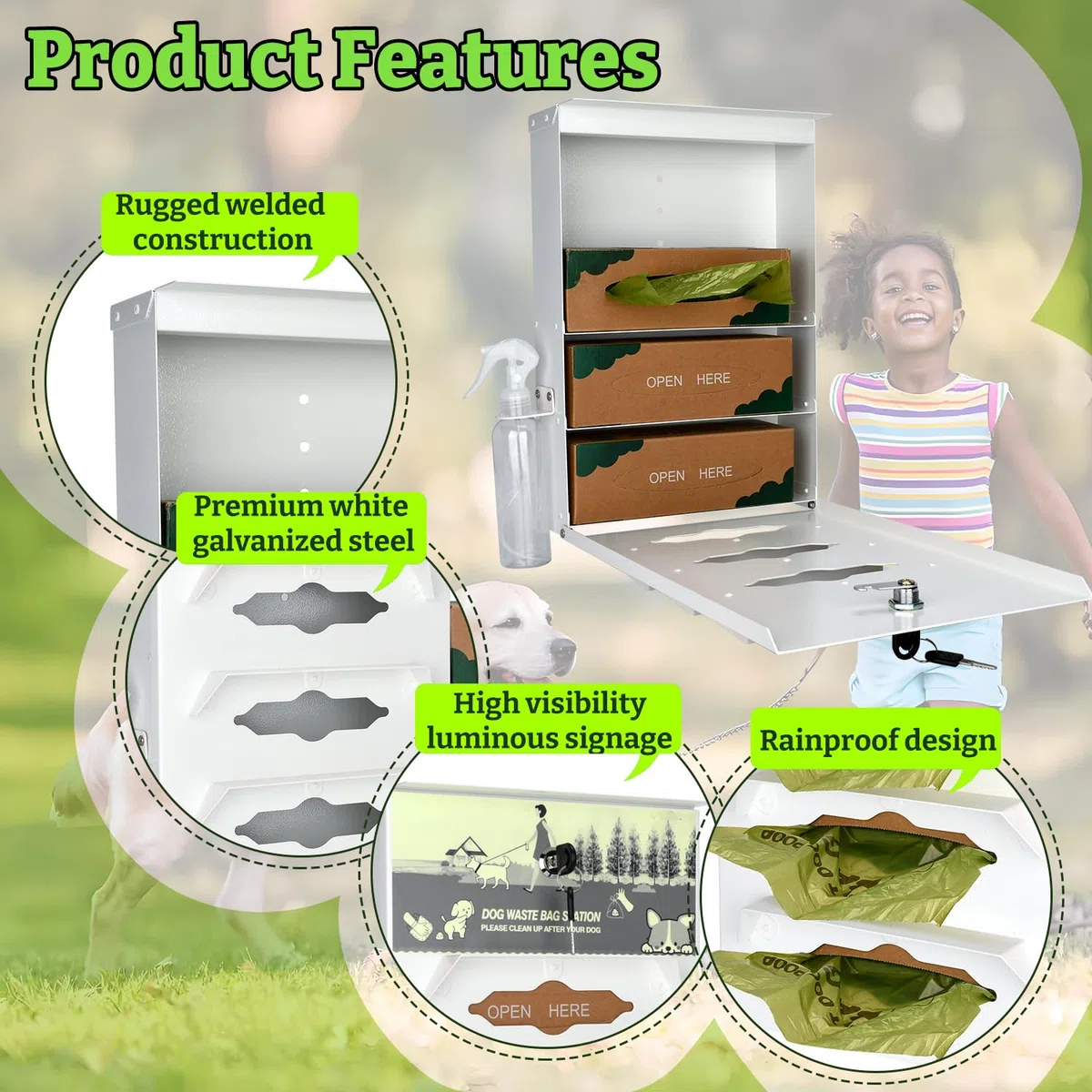 Hundekotbeutelspender aus Metall, Wandhalterung – 600 Rollbeutel im Lieferumfang enthalten | Pet Waste Station Pet Waste Bag Dispenser with Pick Up After Your Dog Schild (leuchtet im Dunkeln)