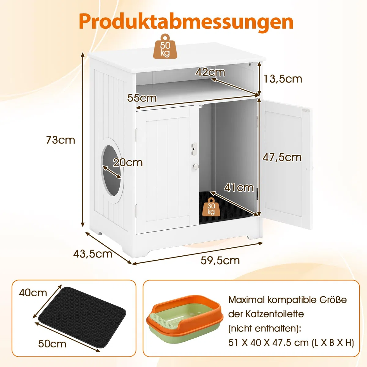 COSTWAY Katzenklo Schrank, Katzenschrank mit Streumatte, 2 abschließbaren Türen, Eingang & Fach, 3 in 1 Katzenhaus Katzentoilette Beistelltisch, Holz, Katzenmöbel für Wohnzimmer, Weiß