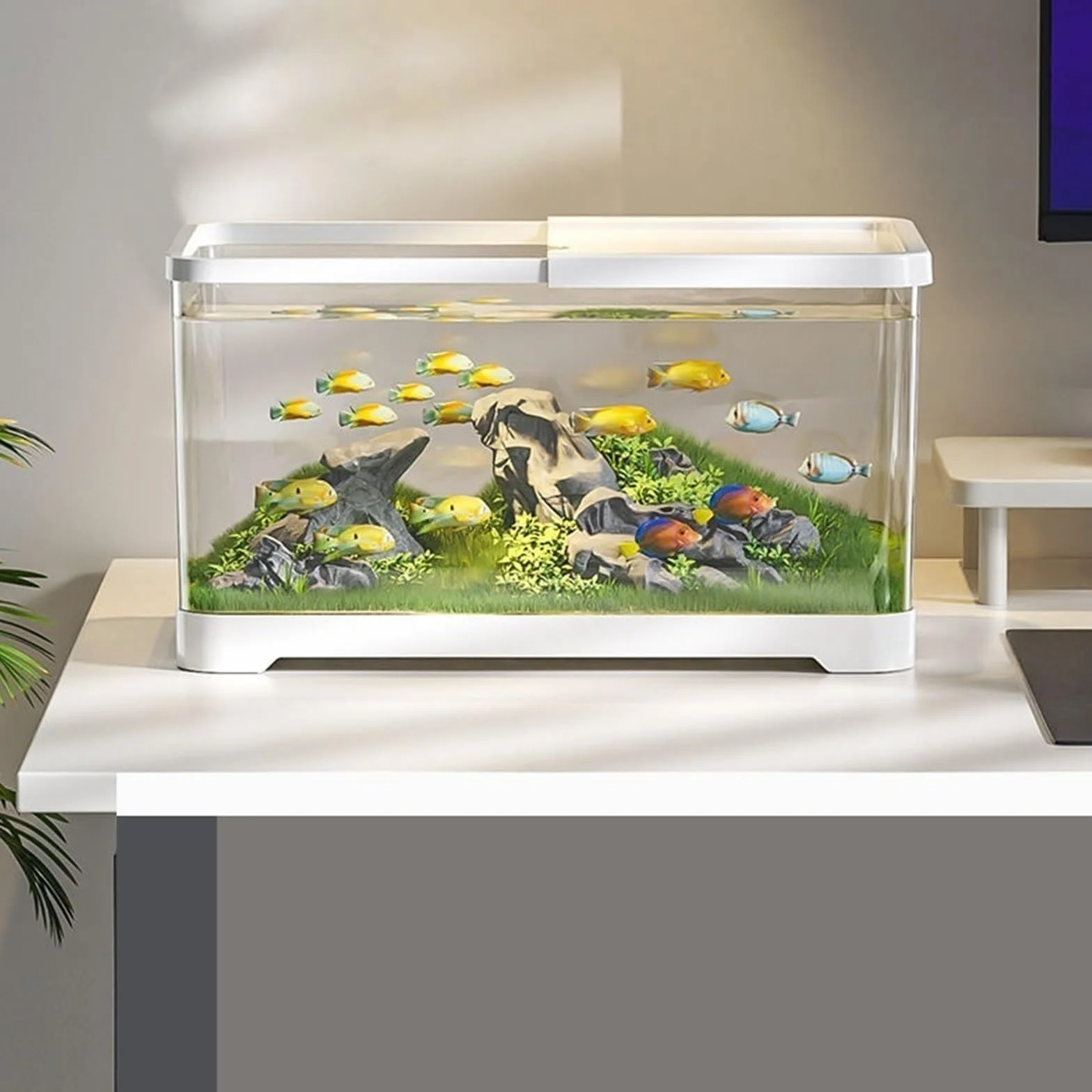 Terrarium Aquarium Desktop Transparent Acryl Aquarium Mit Deckel Und Basis Kleine Wohnzimmer Haushalt Fischzucht Tank Insekten Schildkröten(Weiß,Groß)