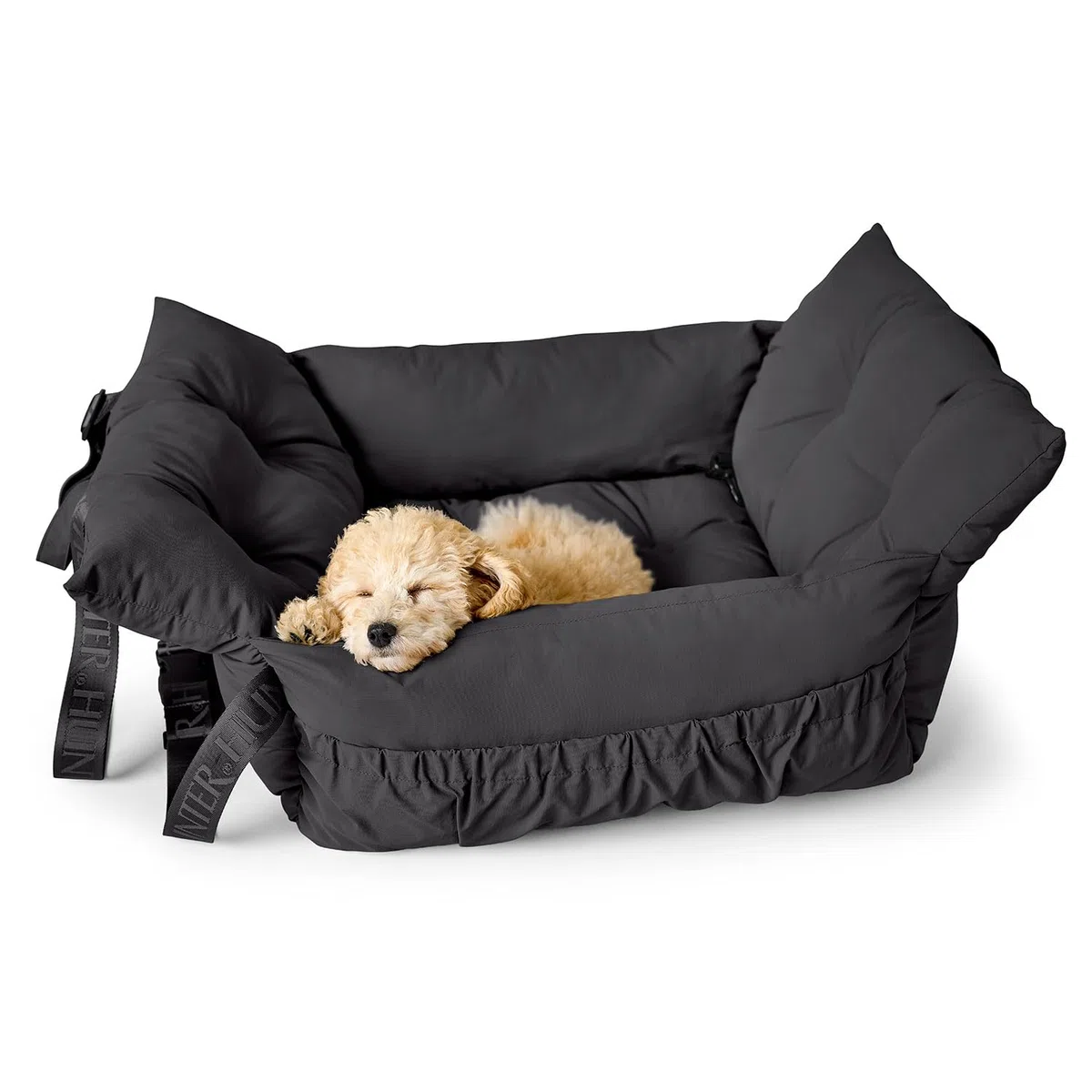 HUNTER Autokissen Seoul – bequemes Hundebett fürs Auto, auch als Reisebett nutzbar, mit Sicherheitsgurt & Karabiner, rutschfest befestigbar, weich gepolstert, mit Außentasche, waschbar (schwarz)
