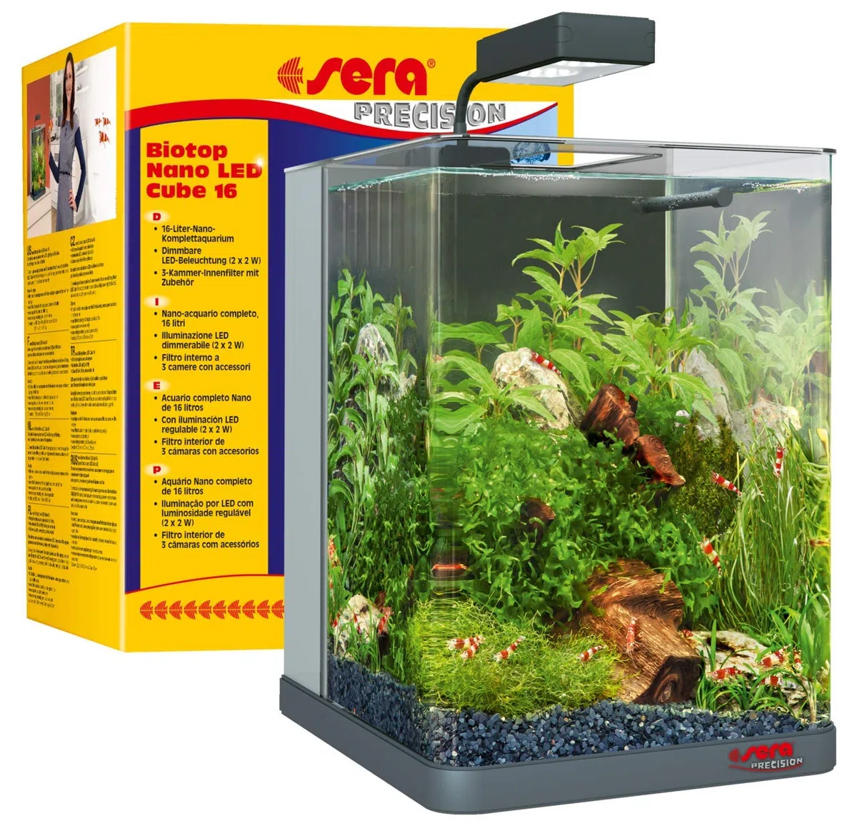 sera Biotop Nano LED Cube 16l ein Aquarium Komplettset - Plug & Play - aus gebogenem Glas mit LED Beleuchtung & großem 3-Kammer Innenfilter für Garnelen, Krebse und Kampffisch Maße (BxHxT) 22x30x25cm, 31066, k. a.