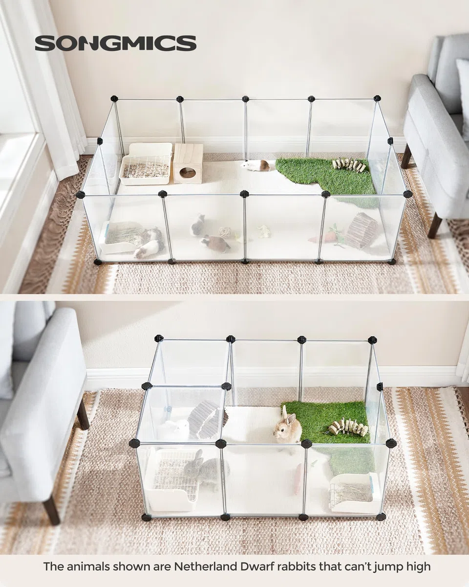Songmics Haustier-Laufgitter mit Boden, modularer Zaunkäfig für kleine Tiere, Meerschweinchen, Hamster, Kaninchen, Haustier-Übungslauf und Käfig, transparente Kunststoffplatten, ULPC02W