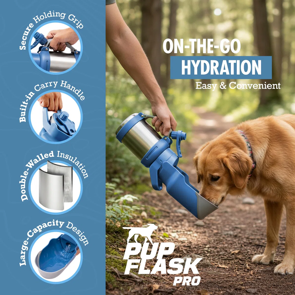 PupFlask Pro tragbare isolierte Hundewasserflasche, Edelstahlnapf | Auslaufsicherer Thermosspender, hält Wasser 24+ Stunden kalt, eingebauter Flip-Becher für Spaziergänge, Wandern und Reisen