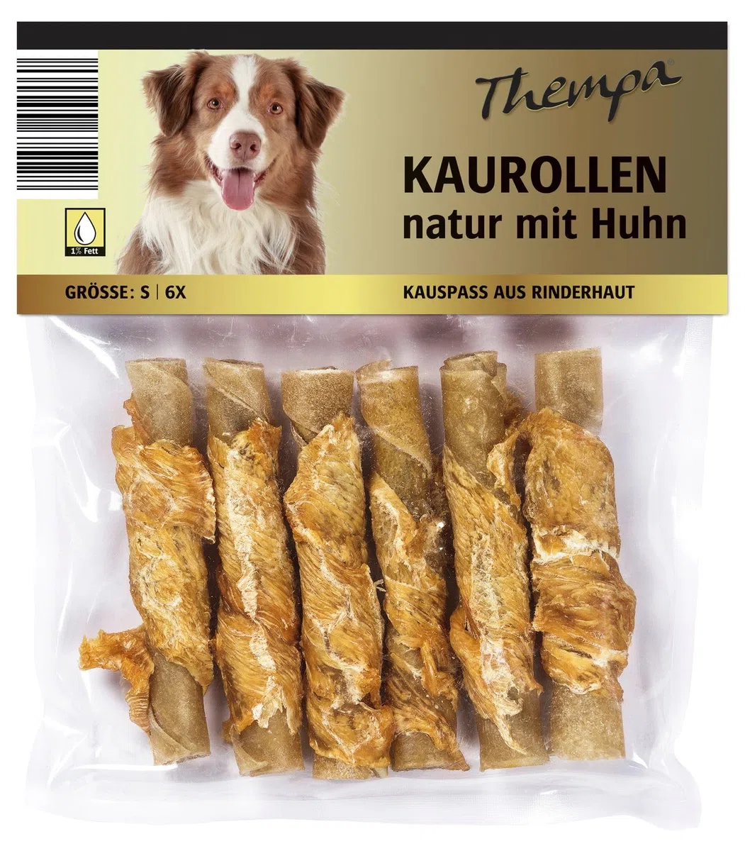 Kaurollen Hundesnack 24x120g Rinderhaut Huhn 144 Stück Kauartikel Hund | Thempa, Größe S, 1% Fett, Kausnack, Hundeleckerli, Naturkaurolle, Hundesnack, proteinreich, Zahnpflege, Hund, Belohnung