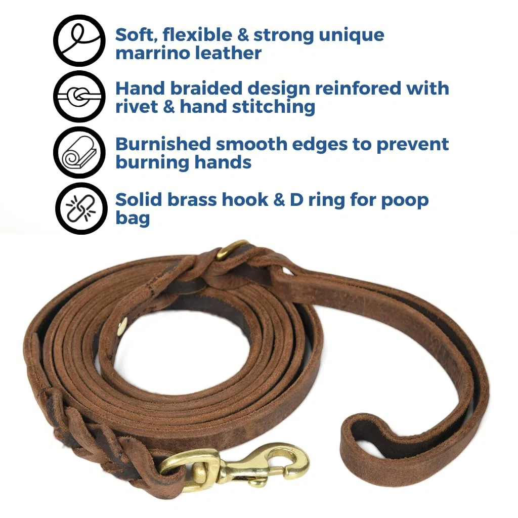 Hundeleine, geflochten, Leder, 152 cm, Vollnarbenleder, strapazierfähig, für große, mittelgroße und kleine Hunde, weiches Leder, ideal für Training, tatsächliche Größe (1.5 m, Dunkelbraun)
