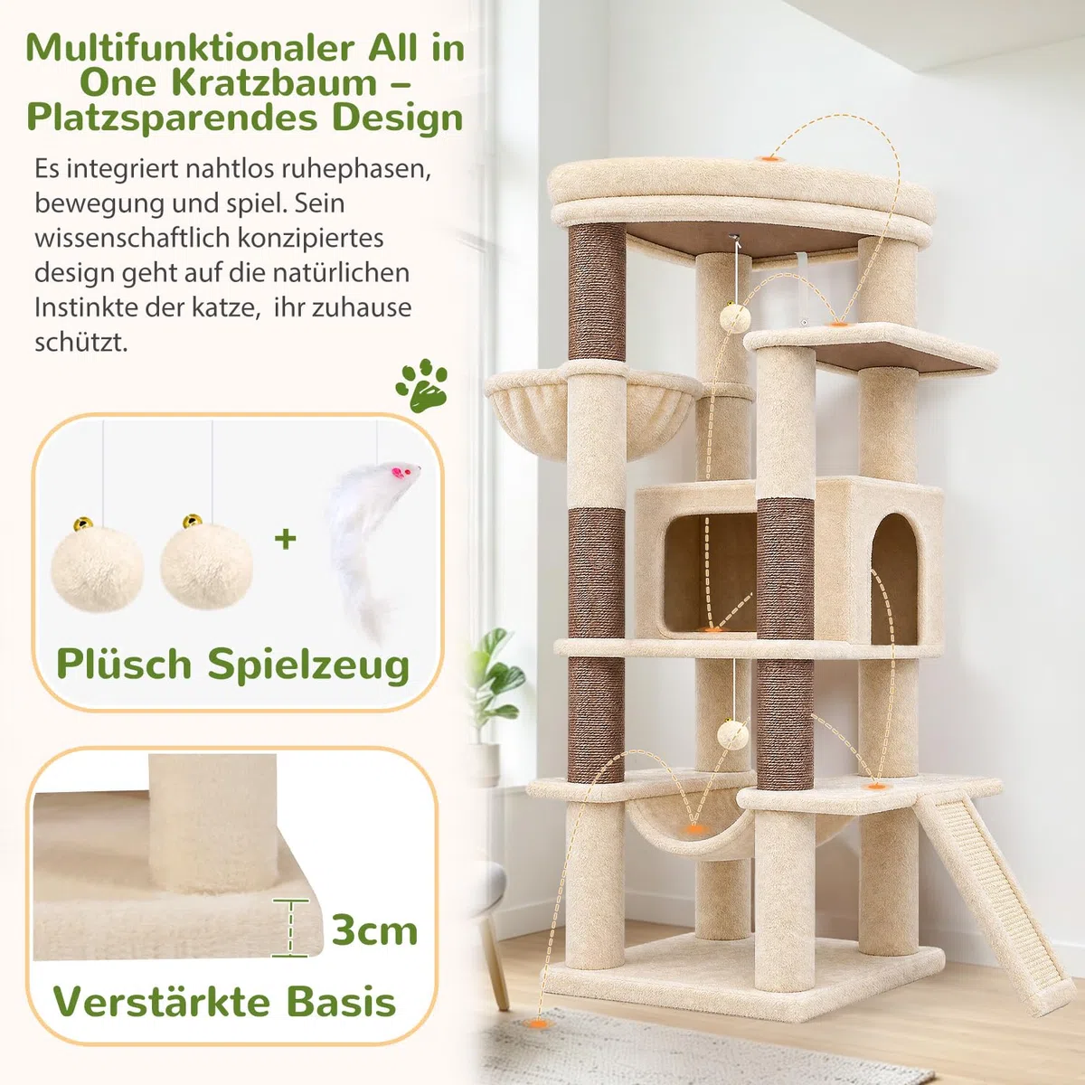 Globlazer Kratzbaum Stabil Beige mit Große Loungebereich für 2/3 Katzen S56 | Katzenbaum 143cm Platz Spare Geeignet für Wohnzimmer Schlafzimmer Wohnung mit Katzenhäuse Hängematte für Große Katzen Innen
