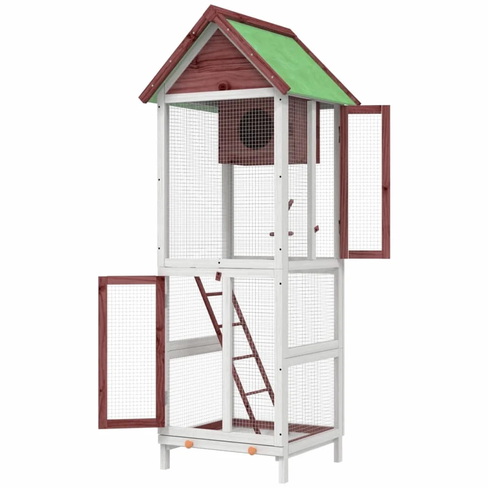 Voliere Mokka aus massivem Kiefernholz 60x58,5x160 cm mit wasserfestem Dach, Sitzstange, Nistkasten und Gitter für Papagei, Wellensittich, Kanarienvogel, Nymphensittich, Innen und Außen