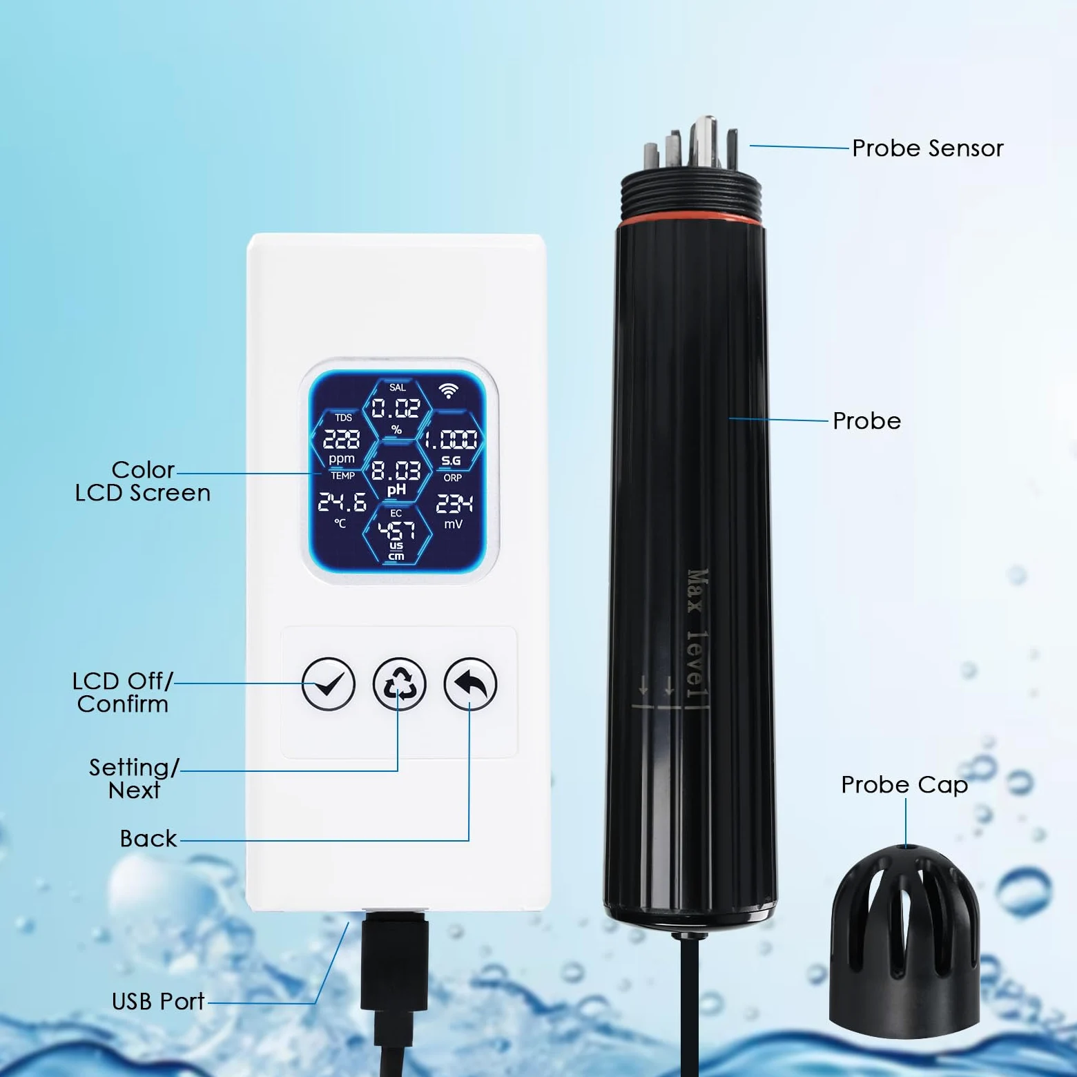 Smart 7-in-1 Aquarium-Wasserqualitätsmonitor mit WLAN, pH ORP TDS EC Salinity Temp Tester - Farbdisplay, App-Steuerung, Echtzeit-Benachrichtigungen, ATC, austauschbare Sonde, alle Tankgrößen