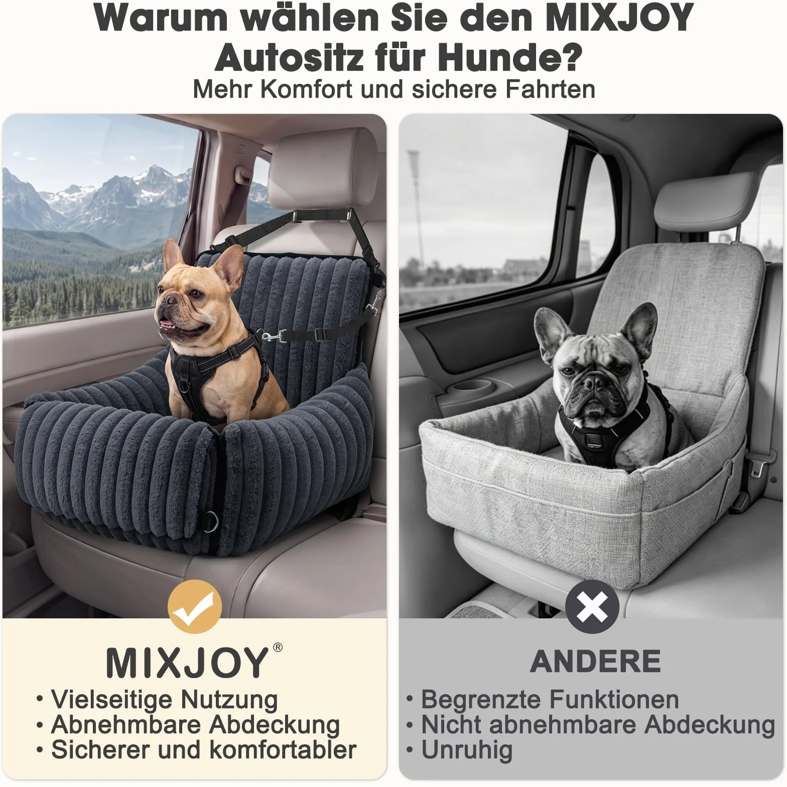 MIXJOY Hunde Autositz für kleine bis mittlere Hunde, Waschbarer Ansteckbare Leine verdickter Memory-Schaum-Füllung, Hundebett Auto für Rückbank Vordersitz, Grau