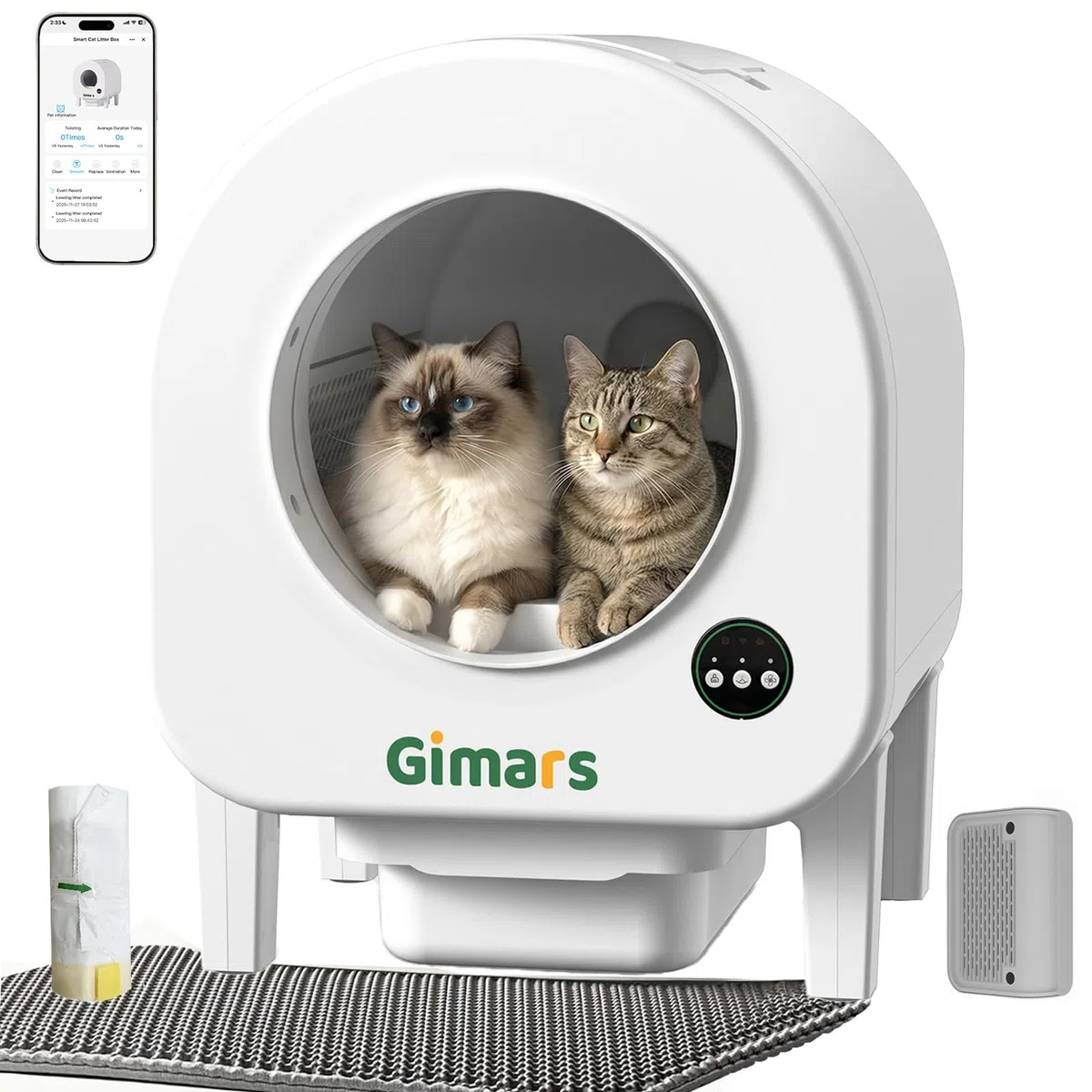 Gimars XXL 90L Selbstreinigende Katzentoilette mit App-Steuerung, Automatisches Katzenklo mit Matte, Müllbeuteln & Trittbrett, Dreifach-Sensor und Geruchskontrolle für Kätzchen, Alte & Mehrere Katzen